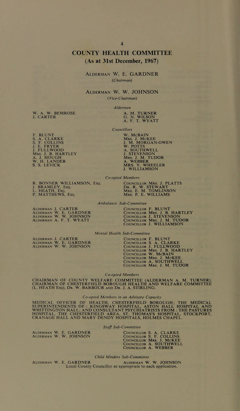 COUNTY HEALTH COMMITTEE (As at 31st December, 1967) Alderman W. E. GARDNER (.Chairman) Alderman W. W. JOHNSON (Vice-Chairman) W. A. W. BEMROSE J. CARTER F. BLUNT S. A. CLARKE S. F. COLLINS J. E. FRYER J. FULLWOOD Mrs. j. B. HARTLEY A. J. HOUGH W. H. LANDER S. S. LEVICK R. BONNER WILLIAMSON, Esq. J. BRAMLEY, EsQ. L. HEATH, Esq. P. MATTHEWS, Esq. Aldermen A. M. TURNER G. N. WILSON A. F. T. WYATT Councillors W. McBAIN Mrs. j. McKEE J. M. MORGAN-OWEN W. POTTS A. SOUTHWELL J. STEVENSON Mrs. j. M. TUDOR A. WEBBER MRS. V. WHEELER J. WILLIAMSON Co-opted Members Councillor Mrs. J. PLATTS Dr. R. W. STEWART Mrs. E. M. TOMLINSON Mrs. P. E. WILLIAMS Ambulance Sub-Committee Alderman J. CARTER Alderman W. E. GARDNER Alderman W. W. JOHNSON Alderman A. F. T. WYATT Councillor F. BLUNT Councillor Mrs. J. B. HARTLEY Councillor J. STEVENSON Councillor Mrs. J. M. TUDOR Councillor J. WILLIAMSON Mental Health Sub-Committee Alderman J. CARTER Alderman W. E. GARDNER Alderman W. W. JOHNSON Councillor F. BLUNT Councillor S. A. CLARKE Councillor J. FULLWOOD Councillor Mrs. J. B. HARTLEY Councillor W. McBAIN Councillor Mrs. J. McKEE Councillor A. SOUTHWELL Councillor Mrs. J. M. TUDOR Co-opted Members CHAIRMAN OF COUNTY WELFARE COMMITTEE (ALDERMAN A. M. TURNER), CHAIRMAN OF CHESTERFIELD BOROUGH HEALTH AND WELFARE COMMITTEE (L. HEATH Esq), Dr. W. BARBOUR and Dr. J. A. STIRLING. Co-opted Members in an Advisory Capacity MEDICAL OFFICER OF HEALTH. CHESTERFIELD BOROUGH; THE MEDICAL SUPERINTENDENTS OF : KINGSWAY HOSPITAL, ASTON HALL HOSPITAL AND WHITTINGTON HALL; AND CONSULTANT PSYCHIATRISTS FROM : THE PASTURES HOSPITAL, THE CHESTERFIELD AREA, ST. THOMAS’S HOSPITAL, STOCKPORT. CRANAGE HALL AND MARY DENDY HOSPITALS, HOLMES CHAPEL. Staff Sub-Committee Alderman W. E. GARDNER Councillor S. A. CLARKE Alderman W. W. JOHNSON Councillor S. F. COLLINS Councillor Mrs. J. McKEE Councillor A. SOUTHWELL Councillor A. WEBBER Child Minders Sub-Committee Alderman W. E. GARDNER Alderman W. W. JOHNSON Local County Councillor as appropriate to each application.