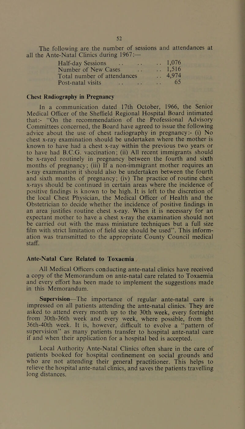 The following are the number of sessions and attendances at all the Ante-Natal Clinics during 1967:— Half-day Sessions .. 1,076 Number of New Cases .. 1,516 Total number of attendances .. 4,974 Post-natal visits 65 Chest Radiography in Pregnancy In a communication dated 17th October, 1966, the Senior Medical Officer of the Sheffield Regional Hospital Board intimated that:- “On the recommendation of the Professional Advisory Committees concerned, the Board have agreed to issue the following advice about the use of chest radiography in pregnancy:- (i) No chest x-ray examination should be undertaken where the mother is known to have had a chest x-ray within the previous two years or to have had B.C.G. vaccination; (ii) All recent immigrants should be x-rayed routinely in pregnancy between the fourth and sixth months of pregnancy; (iii) If a non-immigrant mother requires an x-ray examination it should also be undertaken between the fourth and sixth months of pregnancy; (iv) The practice of routine chest x-rays should be continued in certain areas where the incidence of positive findings is known to be high. It is left to the discretion of the local Chest Physician, the Medical Officer of Health and the Obstetrician to decide whether the incidence of positive findings in an area justifies routine chest x-ray. When it is necessary for an expectant mother to have a chest x-ray the examination should not be carried out with the mass miniature techniques but a full size film with strict limitation of field size should be used”. This inform- ation was transmitted to the appropriate County Council medical staff. Ante-Natal Care Related to Toxaemia All Medical Officers conducting ante-natal clinics have received a copy of the Memorandum on ante-natal care related to Toxaemia and every effort has been made to implement the suggestions made in this Memorandum. Supervision—The importance of regular ante-natal care is impressed on all patients attending the ante-natal clinics. They are asked to attend every month up to the 30th week, every fortnight from 30th-36th week and every week, where possible, from the 36th-40th week. It is, however, difficult to evolve a “pattern of supervision” as many patients transfer to hospital ante-natal care if and when their application for a hospital bed is accepted. Local Authority Ante-Natal Clinics often share in the care of patients booked for hospital confinement on social grounds and who are not attending their general practitioner. This helps to relieve the hospital ante-natal clinics, and saves the patients travelling long distances.