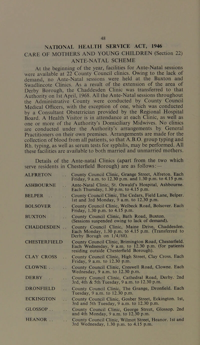 NATIONAL HEALTH SERVICE ACT, 1946 CARE OF MOTHERS AND YOUNG CHILDREN (Section 22) ANTE-NATAL SCHEME At the beginning of the year, facilities for Ante-Natal sessions were available at 22 County Council clinics. Owing to the lack of demand, no Ante-Natal sessions were held at the Buxton and Swadlincote Clinics. As a result of the extension of the area of Derby Borough, the Chaddesden Clinic was transferred to that Authority on 1st April, 1968. All the Ante-Natal sessions throughout the Administrative County were conducted by County Council Medical Officers, with the exception of one, which was conducted by a Consultant Obstetrician provided by the Regional Hospital Board. A Health Visitor is in attendance at each Clinic, as well as one or more of the Authority’s Domiciliary Midwives. No clinics are conducted under the Authority’s arrangements by General Practitioners on their own premises. Arrangements are made for the collection of blood from all patients, so that A.B.O. group typing and Rh. typing, as well as serum tests for syphilis, may be performed. All these facilities are available to both married and unmarried mothers. Details of the Ante-natal Clinics (apart from the two which serve residents in Chesterfield Borough) are as follows; — ALFRETON ASHBOURNE BEEPER . . BOLSOVER BUXTON CHADDESDEN .. CHESTERFIELD CLAY CROSS . . CLOWNE . . DERBY .. DRONFIELD ECKINGTON GLOSSOP .. HEANOR .. County Council Clinic, Grange Street, Alfreton. Each Friday, 9 a.m. to 12.30 p.m. and 1.30 p.m. to 4.15 p.m. Ante-Natal Clinic, St. Oswald’s Hospital, Ashbourne. Each Thursday, 1.30 p.m. to 4.15 p.m. County Council Clinic, The Cedars, Field Lane, Belper. 1st and 3rd Monday, 9 a.m. to 12.30 p.m. County Council Clinic, Welbeck Road, Bolsover. Each Friday, 1.30 p.m. to 4.15 p.m. County Council Clinic, Bath Road, Buxton. (Sessions suspended owing to lack of demand). County Council Clinic, Maine Drive, Chaddesden. Each Monday, 1.30 p.m. to 4.15 p.m. (Transferred to Derby Borugh on 1/4/68). County Council Clinic, Brimington Road, Chesterfield. Each Wednesday, 9 a.m. to 12.30 p.m. (for patients residing outside Chesterfield Borough). County Council Clinic, High Street, Clay Cross. Each Friday, 9 a.m. to 12.30 p.m. County Council Clinic, Creswell Road, Clowne. Each Wednesday, 9 a.m. to 12.30 p.m. County Council Clinic, Cathedral Road, Derby. 2nd 3rd, 4th & 5th Tuesday, 9 a.m. to 12.30 p.m. County Council Clinic, The Grange, Dronfield. Each Tuesday, 9 a.m. to 12.30 p.m. County Council Clinic, Gosber Street, Eckington. 1st, 3rd and 5th Tuesday, 9 a.m. to 12.30 p.m. County Council Clinic, George Street, Glossop. 2nd and 4th Monday, 9 a.m. to 12.30 p.m. County Council Clinic, Wilmot Street, Heanor. 1st and 3rd Wednesday, 1.30 p.m. to 4.15 p.m.