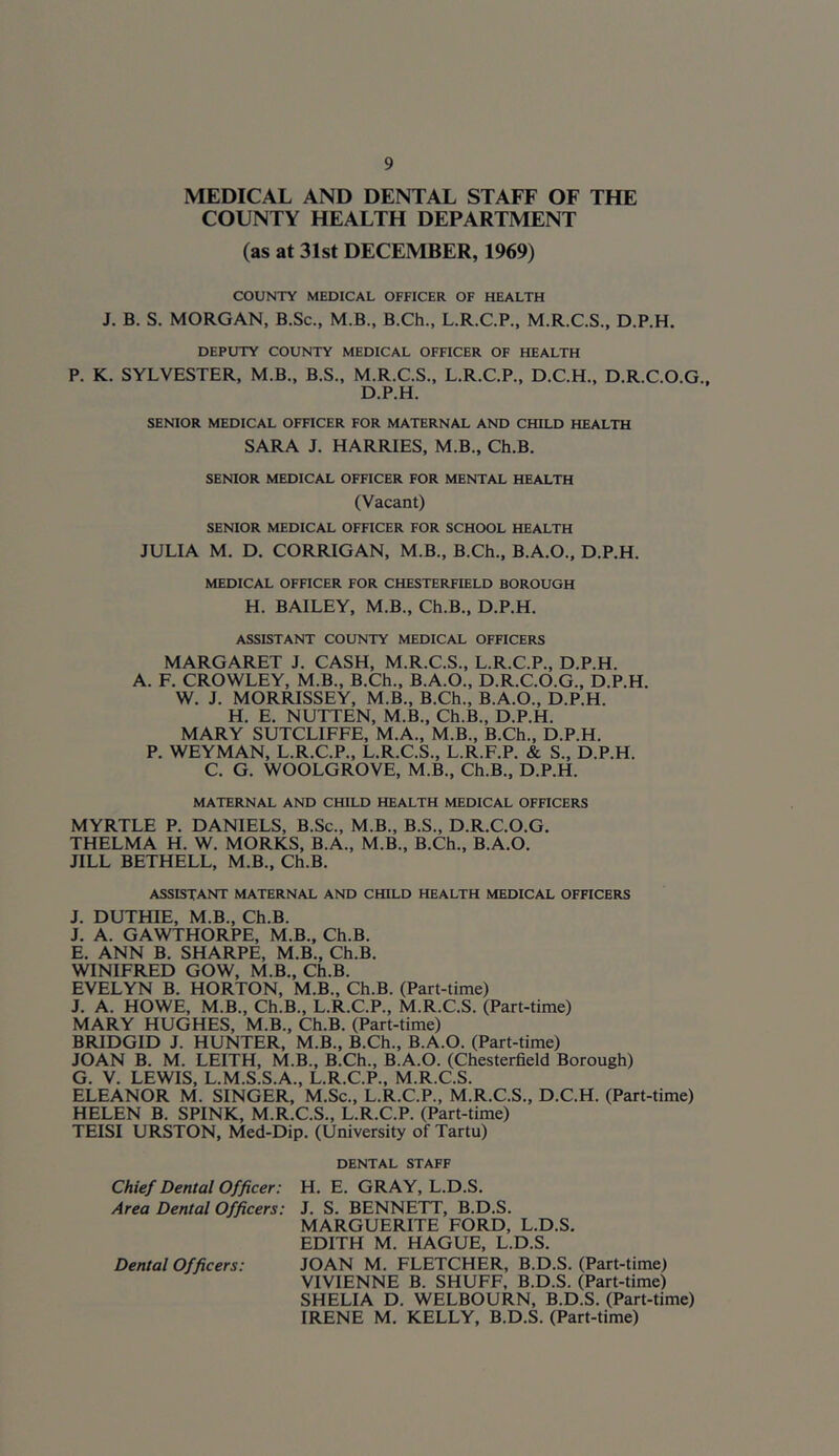 MEDICAL AND DENTAL STAFF OF THE COUNTY HEALTH DEPARTMENT (as at 31st DECEMBER, 1969) COUNTY MEDICAL OFFICER OF HEALTH J. B. S. MORGAN, B.Sc., M.B., B.Ch., L.R.C.P., M.R.C.S., D.P.H. DEPUTY COUNTY MEDICAL OFFICER OF HEALTH P. K. SYLVESTER, M.B., B.S., M.R.C.S., L.R.C.P., D.C.H., D.R.C.O.G.. D.P.H. SENIOR MEDICAL OFFICER FOR MATERNAL AND CHILD HEALTH SARA J. HARRIES, M.B., Ch.B. SENIOR MEDICAL OFFICER FOR MENTAL HEALTH (Vacant) SENIOR MEDICAL OFFICER FOR SCHOOL HEALTH JULIA M. D. CORRIGAN, M.B., B.Ch., B.A.O.. D.P.H. MEDICAL OFFICER FOR CHESTERFIELD BOROUGH H. BAILEY, M.B., Ch.B., D.P.H. ASSISTANT COUNTY MEDICAL OFFICERS MARGARET J. CASH, M.R.C.S., L.R.C.P., D.P.H. A. F. CROWLEY, M.B., B.Ch., B.A.O., D.R.C.O.G., D.P.H. W. J. MORRISSEY, M.B., B.Ch., B.A.O., D.P.H. H. E. NUTTEN, M.B., Ch.B., D.P.H. MARY SUTCLIFFE, M.A., M.B., B.Ch., D.P.H. P. WEYMAN, L.R.C.P., L.R.C.S., L.R.F.P. & S., D.P.H. C. G. WOOLGROVE, M.B., Ch.B., D.P.H. MATERNAL AND CHILD HEALTH MEDICAL OFFICERS MYRTLE P. DANIELS, B.Sc., M.B., B.S., D.R.C.O.G. THELMA H. W. MORKS, B.A., M.B., B.Ch., B.A.O. JILL BETHELL, M.B., Ch.B. ASSISTANT MATERNAL AND CHILD HEALTH MEDICAL OFFICERS J. DUTHIE, M.B., Ch.B. J. A. GAWTHORPE, M.B., Ch.B. E. ANN B. SHARPE, M.B., Ch.B. WINIFRED GOW, M.B., Ch.B. EVELYN B. HORTON, M.B., Ch.B. (Part-time) J. A. HOWE, M.B., Ch.B., L.R.C.P., M.R.C.S. (Part-time) MARY HUGHES, M.B., Ch.B. (Part-time) BRIDGID J. HUNTER, M.B., B.Ch., B.A.O. (Part-time) JOAN B. M. LEITH, M.B., B.Ch., B.A.O. (Chesterfield Borough) G. V. LEWIS, L.M.S.S.A., L.R.C.P., M.R.C.S. ELEANOR M. SINGER, M.Sc., L.R.C.P., M.R.C.S., D.C.H. (Part-time) HELEN B. SPINK, M.R.C.S., L.R.C.P. (Part-time) TEISI URSTON, Med-Dip, (University of Tartu) DENTAL STAFF Chief Dental Officer: H. E. GRAY, L.D.S. Area Dental Officers: J. S. BENNETT, B.D.S. MARGUERITE FORD, L.D.S. EDITH M. HAGUE, L.D.S. Dental Officers: JOAN M. FLETCHER, B.D.S. (Part-time) VIVIENNE B. SHUFF, B.D.S. (Part-time) SHELIA D. WELBOURN, B.D.S. (Part-time) IRENE M. KELLY, B.D.S. (Part-time)