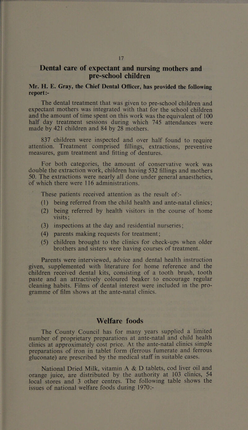 Dental care of expectant and nursing mothers and pre-school children \lr. H. E. Gray, the Chief Dental Officer, has provided the following report The dental treatment that was given to pre-school children and expectant mothers was integrated with that for the school children and the amount of time spent on this work was the equivalent of 100 half day treatment sessions during which 745 attendances were made by 421 children and 84 by 28 mothers. 837 children were inspected and over half found to require attention. Treatment comprised fillings, extractions, preventive measures, gum treatment and fitting of dentures. For both categories, the amount of conservative work was double the extraction work, children having 532 fillings and mothers 50. The extractions were nearly all done under general anaesthetics, of which there were 116 administrations. These patients received attention as the result of:- (1) being referred from the child health and ante-natal clinics; (2) being referred by health visitors in the course of home visits; (3) inspections at the day and residential nurseries; (4) parents making requests for treatment; (5) children brought to the clinics for check-ups when older brothers and sisters were having courses of treatment. Parents were interviewed, advice and dental health instruction given, supplemented with literature for home reference and the children received dental kits, consisting of a tooth brush, tooth paste and an attractively coloured beaker to encourage regular cleaning habits. Films of dental interest were included in the pro- gramme of film shows at the ante-natal clinics. Welfare foods The County Council has for many years supplied a limited number of proprietary preparations at ante-natal and child health clinics at approximately cost price. At the ante-natal clinics simple preparations of iron in tablet form (ferrous fumerate and ferrous gluconate) are prescribed by the medical staff in suitable cases. National Dried Milk, vitamin A & D tablets, cod liver oil and orange juice, are distributed by the authority at 103 clinics, 54 local stores and 3 other centres. The following table shows the issues of national welfare foods during 1970:-