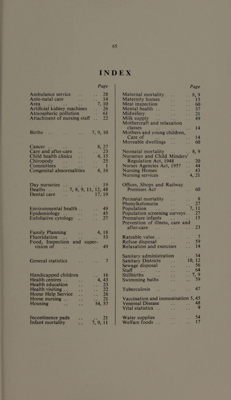 INDEX Page Ambulance service .. 28 Ante-natal care .. 14 Area 7, 10 Artificial kidney machines .. 26 Atmospheric pollution .. 61 Attachment of nursing staff .. 22 Births 7, 9, 10 Cancer 8, 27 Care and after-care .. 23 Child health clinics 4, 15 Chiropody .. 25 Committees 1 Congenital abnormalities 4, 16 Day nurseries .. .. 19 Deaths .. .. 7, 8, 9, 11, 12, 48 Dental care 17, 19 Environmental health . . .. 49 Epidemiology .. 45 Exfoliative cytology .. .. 27 Family Planning 4, 18 Fluoridation .. 53 Food, Inspection and super- vision of .. 49 General statistics 7 Handicapped children .. 16 Health centres 4, 43 Health education .. 23 Health visiting .. 22 Home Help Service .. 26 Home nursing .. .. 21 Housing 54, 57 Incontinence pads .. 21 Infant mortality 7, 9, 11 Page Maternal mortality .. .. 8, 9 Maternity homes .. .. 15 Meat inspection .. .. 60 Mental health .. .. .. 37 Midwifery .. .. .. 21 Milk supply .. .. .. 49 Mothercraft and relaxation classes .. .. .. 14 Mothers and young children. Care of .. .. 14 Moveable dwellings .. .. 60 Neonatal mortality .. .. 8, 9 Nurseries and Child Minders’ Regulation Act, 1948 .. 20 Nurses Agencies Act, 1957 . . 44 Nursing Homes .. .. 43 Nursing services .. 4, 21 Offices, Shops and Railway Premises Act .. .. 60 Perinatal mortality .. .. 8 Phenylketonuria .. .. 27 Population .. .. 7, 11 Population screening surveys.. 27 Premature infants .. .. 15 Prevention of illness, care and after-care .. .. .. 23 Rateable value .. .. .. 7 Refuse disposal .. .. 59 Relaxation and exercises .. 14 Sanitary administration .. 54 Sanitary Districts .. 10,12 Sewage disposal .. .. 56 Staff 64 Stillbirths 7, 9 Swimming baths .. .. 59 Tuberculosis .. .. .. 47 Vaccination and immunisation 5, 45 Venereal Disease .. .. 48 Vital statistics .. .. .. 9 Water supplies .. .. 54 Welfare foods .. .. .. 17
