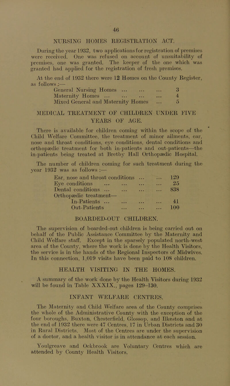 NURSING HOMES REGISTRATION ACT. During tlie year 1932, two applications for registration of premises were received. One was refused on account of unsuitability of premises, one was granted. The keeper of the one which was granted had applied for the registration of fresh premises. At the end of 1932 there were 12 Homes on the County Register, as follows.:— General Nursing Homes ... ... ... 3 Maternity Homes ... ... ... ... 4 Mixed General and Maternity Homes ... 5 :medical treatment of children under five YEARS OF AGE. There is available for children coming within the scope of the Child Welfare Committee, the treatment of minor ailments, ear, nose and throat conditions, eye conditions, dental conditions and orthopajdic treatment for both in-patients and out-patients—the in-patients being treated at Bretby HaU Orthopaedic Hospital. The number of children coming for such treatment during the year 1932 was as follows :— Ear, nose and throat conditions ... ... 129 Eye conditions ... ... ... ... 25 Dental conditions ... ... ... ... 838 Orthopaedic treatment— In-Patients ... ... ... ... 41 Out-Patients ... ... ... 100 BOARDED-OUT CHILDREN. The supervision of boarded-out chiltUen is being carried out on behalf of the Public Assistance Committee by the Maternity and Child Welfare staff. Excejjt in the sparsely populated north-west area of the County, where the work is done by the Health Visitors, the service is in the hands of the Regional Inspectors of Midwives. In this connection, 1,019 visits have been paid to 108 children. HEALTH VISITING IN THE HOMES. A summary of the work done by the Health Visitors during 1932 will be found in Table XXXIX., pages 129-130. INFANT WELFARE CENTRES. The Maternity and Child Welfare area of the County comprises the whole of the Administrative County with the exception of the four boroughs, Buxton, Chesterfield, Glossop, and Ilkeston and at the end of 1932 there were 47 Centres, 17 in Urban Districts and 30 in Rural Districts. Most of the Centres are under the supervision of a doctor, and a health visitor is in attendance at each session. Youlgreave and Ockbrook are Voluntary Centres which are attended by County Health Visitors.