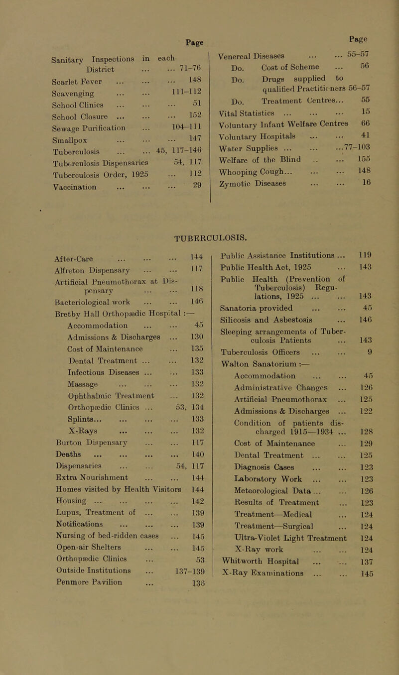 Sanitary Inspections in District Scarlet Fever Scavenging School Clinics School Closure Sewage Purification Smallpox Tuberculosis Tuberculosis Dispensaries Tuberculosis Order, 1925 Vaccination each ... 71-70 148 111-112 51 152 104-111 147 45, 117-146 54, 117 ... 112 29 Page Venereal Diseases ... ... 55—.57 Do. Cost of Scheme ... 56 Do. Drugs supplied to qualified Practitic ners 56-57 Do. Treatment Centres... 55 Vital Statistics ... ... ... 15 Voluntary Infant Welfare Centres 66 Voluntary Hospitals ... 41 Water Supplies ... ... ...77-103 Welfare of the Blind .. ... 155 Whooping Cough... ... ... 148 Zymotic Diseases ... ... 16 TUBERCULOSIS. After-Care 144 Alfreton Dispensary 117 Artificial Pneumothorax at Dis- pensary 118 Bacteriological work 146 Bretby Hall Orthopaadic Hospital :— Accommodation 45 Admissions & Discharges ... 130 Cost of Maintenance ... 135 Dental Treatment ... 132 Infectious Diseases ... ... 133 Massage 132 Ophthalmic Treatment 132 Orthopaedic Clinics ... 53, 134 Sphnts ... 133 X-Rays 1.32 Burton Dispensary 117 Deaths 140 Dispensaries .54, 117 Extra Nourishment 144 Homes visited by Health Visitors 144 Housing ... ... 142 Lupus, Treatment of ... 139 Notifications 1.39 Nursing of bed-ridden cases 145 Open-air Shelters 145 Orthopaedic Clinics 53 Outside Institutions 137-139 Penmore Pavilion 136 Public Assistance Institutions... 119 Public Health Act, 1925 ... 143 Public Health (Prevention of Tuberculosis) Regu- lations, 1925 ... ... 143 Sanatoria provided ... ... 45 Silicosis and Asbestosis ... 146 Sleeping arrangements of Tuber- culosis Patients ... 143 Tubercidosis Officers ... ... 9 Walton Sanatorium :— Accommodation ... ... 45 Administrative Changes ... 126 Artificial Pneumothorax ... 125 Admissions & Discharges ... 122 Condition of patients dis- charged 1915—1934 ... 128 Cost of Maintenance ... 129 Dental Treatment ... ... 125 Diagnosis Cases ... ... 123 I..aboratory Work ... ... 123 Meteorological Data... ... 126 Results of Treatment ... 123 Treatment—Medical ... 124 Treatment—Surgical ... 124 Ultra-Violet Light Treatment 124 X-Ray work ... ... 124 Whitworth Hospital 1.37 X-Ray Examinations ... ... 145