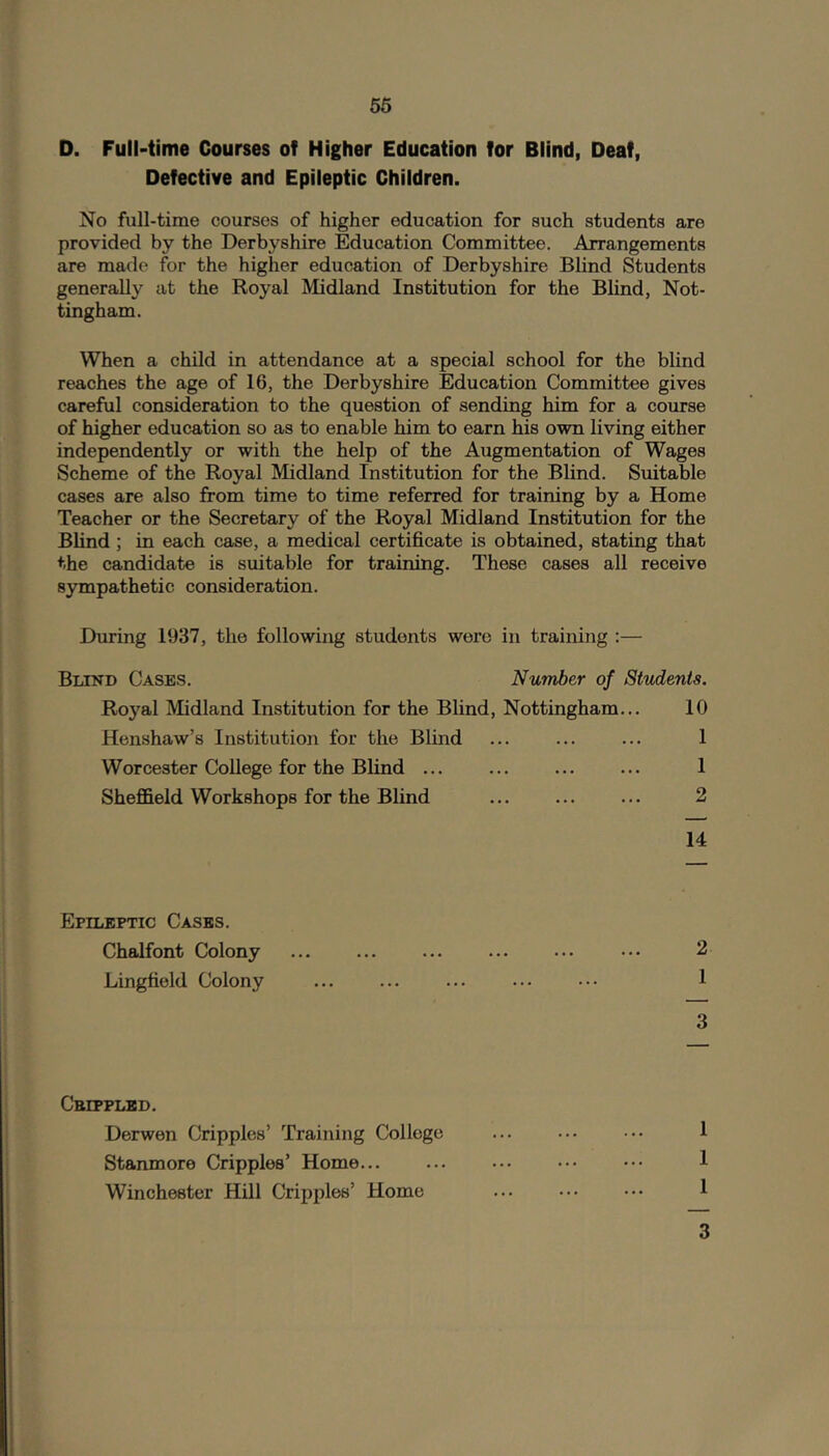 D. Full-time Courses of Higher Education for Blind, Deaf, Defective and Epileptic Children. No full-time courses of higher education for such students are provided by the Derbyshire Education Committee. Arrangements are made for the higher education of Derbyshire Blind Students generally at the Royal Midland Institution for the Blind, Not- tingham. When a child in attendance at a special school for the blind reaches the age of 16, the Derbyshire Education Committee gives careful consideration to the question of sending him for a course of higher education so as to enable him to earn his own living either independently or with the help of the Augmentation of Wages Scheme of the Royal Midland Institution for the Blind. Suitable cases are also from time to time referred for training by a Home Teacher or the Secretary of the Royal Midland Institution for the Blind; in each case, a medical certificate is obtained, stating that the candidate is suitable for training. These cases all receive sympathetic consideration. During 1937, the following students were in training :— Blind Case.s. Number of Students. Ro3'al Midland Institution for the Blind, Nottingham... 10 Henshaw’s Institution for the Blind ... ... ... 1 Worcester College for the Blind ... ... ... ... 1 Sheffield Workshops for the Blind 2 14 Epileptic Cases. Chalfont Colony Lingfield Colony 2 1 3 Crippled. Derwen Cripples’ Training College Stanmore Cripples’ Home... Winchester Hill Cripples’ Home 3