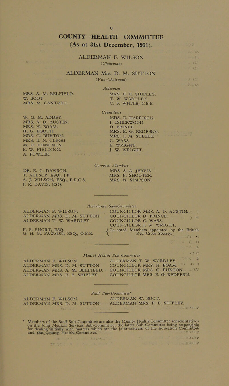 COUNTY HEALTH COMMITTEE (As at 31st December, 1951). ALDERMAN F. WILSON (Chairman) ALDERMAN Mrs. D. M. SUTTON ( Vice-Chairman) MRS. A. M. BELFIELD. W. BOOT. MRS. M. CANTRILL. W. G. M. ADDEY. MRS. A. D. AUSTIN. MRS. H. BOAM. H. G. BOOTH. MRS. G. BUXTON. MRS. E. N. CLEGG. M. H. EDMUNDS. E. W. FIELDING. A. FOWLER. Aldermen MRS. F. E. SHIPLEY. T. W. WARD LEY. C. F. WHITE, C.B.E. Councillors MRS. E. HARRISON. J. ISHERWOOD. D. PRINCE. MRS. E. G. REDFERN. MRS. J. M. STEELE. C. WASS. E. WRIGHT. J. W. WRIGHT. DR. E. C. DAWSON. T. ALLSOP, ESQ., J.P. A. J. WILSON, ESQ., F.R.C.S. J. R. DAVIS, ESQ. Co-opted Members MRS. S. A. JERVIS. MRS. F. SHOOTER. MRS. N. SIMPSON. Ambulance Sub-Committee ALDERMAN F. WILSON. ALDERMAN MRS. D. M. SUTTON. ALDERMAN T. W. WARDLEY. F. S. SHORT, ESQ. G. H. M. PAWSON, ESQ., O.B.E. COUNCILLOR MRS. A. D. AUSTIN^ • ; COUNCILLOR D. PRINCE. . COUNCILLOR C. WASS. COUNCILLOR J. W. WRIGHT. / Co-opted Members appointed by the British Red Cross Society. Mental Health Sub-Committee ALDERMAN F. WILSON. ALDERMAN MRS. D. M. SUTTON ALDERMAN MRS. A. M. BELFIELD. ALDERMAN MRS. F. E. SHIPLEY. ALDERMAN T. W. WARDLEY. COUNCILLOR MRS. H. BOAM. COUNCILLOR MRS. G. BUXTON. COUNCILLOR MRS. E. G. REDFERN. Stajf Sub-Committee* ALDERMAN F. WILSON. ALDERMAN W. BOOT. ALDERMAN MRS. D. M. SUTTON. ALDERMAN MRS. F. E. SHIPLEY. I i.'V * Members of the Staff Sub-Committee are also the County Health Committee representatives on the Joint Medical Services Sub-Committee, the latter Sub-Committee being respowib^^ for dealing‘initially with matters which are the joint concern of the Education Cominittet and thPi.GoMnty Health.Committee. : !'i ih ■ ■; t.. . . 11! I , .::.u i. i.-t