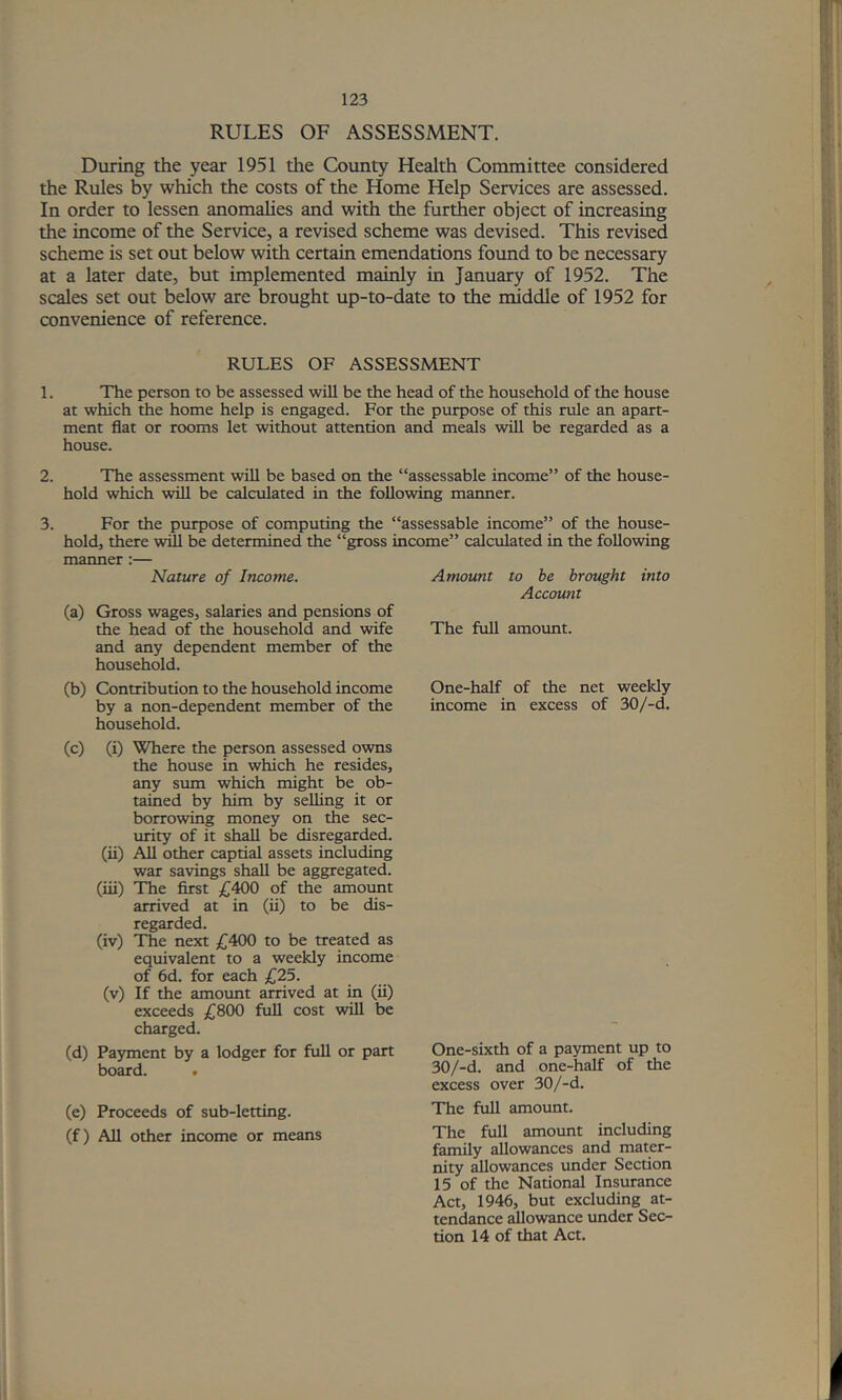 RULES OF ASSESSMENT. During the year 1951 the County Health Committee considered the Rules by which the costs of the Home Help Services are assessed. In order to lessen anomalies and with the further object of increasing the income of the Service, a revised scheme was devised. This revised scheme is set out below with certain emendations found to be necessary at a later date, but implemented mainly in January of 1952. The scales set out below are brought up-to-date to the middle of 1952 for convenience of reference. RULES OF ASSESSMENT 1. The person to be assessed will be the head of the household of the house at which the home help is engaged. For the purpose of this rule an apart- ment flat or rooms let without attention and meals will be regarded as a house. 2. The assessment will be based on the “assessable income’ hold which will be calculated in the following maimer. of the house- For the purpose of computing the “assessable income” of the house- hold, there will be determined the “gross income” calculated in the following manner :— Nature of Income. Amount (a) Gross wages, salaries and pensions of the head of the household and wife and any dependent member of the household. (b) Contribution to the household income by a non-dependent member of the household. (c) (i) Where the person assessed owns the house in which he resides, any sum which might be ob- tained by him by seUing it or borrowing money on the sec- urity of it shall be disregarded. (ii) All other captial assets including war savings shall be aggregated. (iii) The first £400 of the amoimt arrived at in (ii) to be dis- regarded. (iv) The next £400 to be treated as equivalent to a weekly income of 6d. for each £25. (v) If the amount arrived at m (ii) exceeds £800 full cost will be charged. (d) Payment by a lodger for full or part board. . (e) Proceeds of sub-letting. (f) All other income or means to be brought Account into The full amoimt. One-half of the net weekly income in excess of 30/-d. One-sixth of a payment up to 30/-d. and one-half of the excess over 30/-d. The full amount. The full amount including family allowances and mater- nity allowances under Section 15 of the National Insurance Act, 1946, but excluding at- tendance allowance under Sec- tion 14 of that Act.