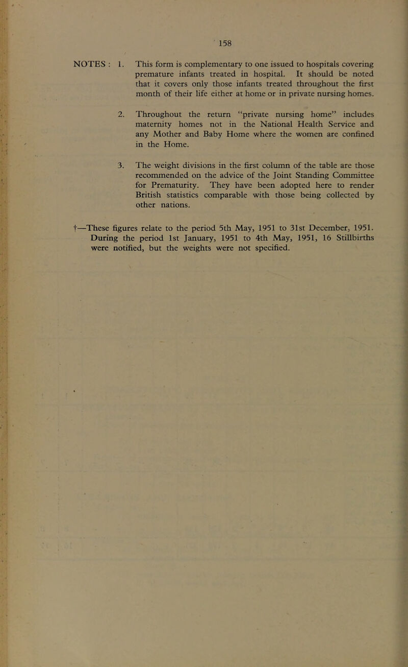 NOTES : 1. This form is complementary to one issued to hospitals covering premature infants treated in hospital. It should be noted that it covers only those infants treated throughout the first month of their life either at home or in private nursing homes. 2. Throughout the return “private nursing home” includes maternity homes not in the National Health Service and any Mother and Baby Home where the women are confined in the Home. 3. The weight divisions in the first coliuim of the table are those recommended on the advice of the Joint Standing Committee for Prematurity. They have been adopted here to render British statistics comparable with those being collected by other nations. t—These figures relate to the period 5th May, 1951 to 31st December, 1951. During the period 1st January, 1951 to 4th May, 1951, 16 Stillbirths were notified, but the weights were not specified.
