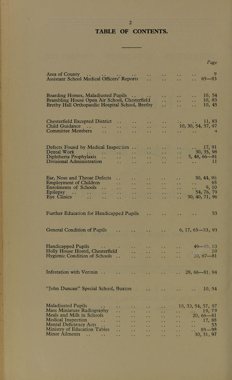TABLE OF CONTENTS. Page Area of County Assistant School Medical Officers’ Reports 9 .. 65—83 Boarding Homes, Maladjusted Pupils ., Brambhng House Open Air School, Chesterfield Bretby Hall Orthopaedic Hospital School, Bretby .. 10, 54 .. 10, 83 .. 10, 45 Chesterfield Excepted District .. Child Guidance Committee Members .. 11,83 10, 30, 54, 57, 97 ‘i Defects Found by Medical Inspecdon .. Dental Work Diphtheria Prophylaxis Divisional Administration .. 17, 91 30, 35, 98 .. 5, 48, 66—81 11 Ear, Nose and Throat Defects .. Employment of Children Enrolments of Schools .. Epilepsy Eye Chnics 30, 44, 96 65 9, 10 54, 76, 79 ., 30, 40, 71, 96 Further Education for Handicapped Pupils 53 General Condition of Pupils 6, 17, 65—33, 93 Handicapped Pupils Holly House Hostel, Chesterfield Hygienic Condition of Schools .. 49—65, 83 10 20, 67—81 Infestation with Vermin .. .. 28, 66—81,94 “John Duncan” Special School, Buxton .. .. .. .. 10, 54 Maladjusted Pupils Mass Miniature Radiograohy Meals and Milk in Schools Medical Inspection Mental Deficiency Acts .. Ministry of Education Tables Minor Ailments 10, 30, 54, 57, 97 19,79 20, 66—81 .. 17,88 53 .. 88—98 30,31,97