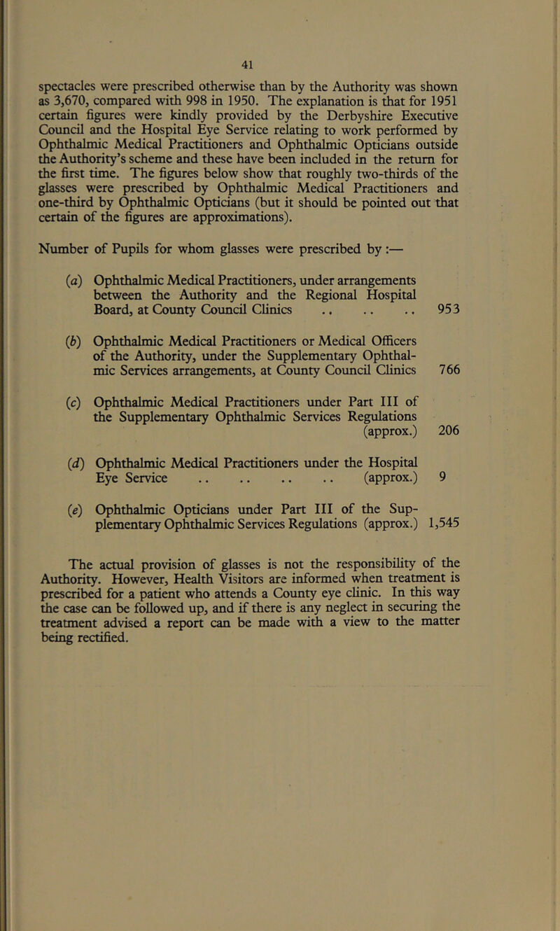 spectacles were prescribed otherwise than by the Authority was shown as 3j670, compared with 998 in 1950. The explanation is that for 1951 certain figures were kindly provided by the Derbyshire Executive Council and the Hospital Eye Service relating to work performed by Ophthalmic Medical Practitioners and Ophthalmic Opticians outside the Authority’s scheme and these have been included in the return for the first time. The figures below show that roughly two-thirds of the glasses were prescribed by Ophthalmic Medical Practitioners and one-third by Ophthalmic Opticians (but it should be pointed out that certain of the figures are approximations). Number of Pupils for whom glasses were prescribed by:— (a) Ophthalmic Medical Practitioners, tmder arrangements between the Authority and the Regional Hospital Board, at County Cotmcil Clinics .. .. .. 953 (b) Ophthalmic Medical Practitioners or Medical Officers of the Authority, imder the Supplementary Ophthal- mic Services arrangements, at County Council Clinics 766 (c) Ophthalmic Medical Practitioners under Part III of the Supplementary Ophthalmic Services Regulations (approx.) 206 (d) Ophthalmic Medical Practitioners under the Hospital Eye Service (approx.) 9 (e) Ophthalmic Opticians under Part III of the Sup- plementary Ophthalmic Services Regulations (approx.) 1,545 The actual provision of glasses is not the responsibility of the Authority. However, Health Visitors are informed when treatment is prescribed for a patient who attends a County eye clinic. In tlus way the case can be followed up, and if there is any neglect in securing the treatment advised a report can be made with a view to the matter being rectified.