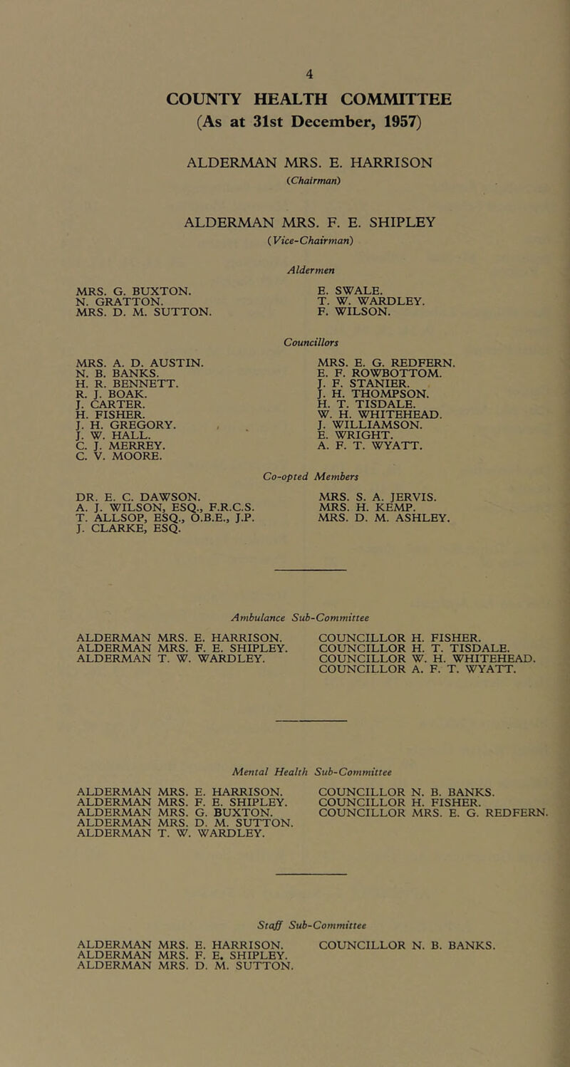 COUNTY HEALTH COMMITTEE (As at 31st December, 1957) ALDERMAN MRS. E. HARRISON (Chairman) ALDERMAN MRS. F. E. SHIPLEY (Vice-Chairman) MRS. G. BUXTON. N. GRATTON. MRS. D. M. SUTTON. MRS. A. D. AUSTIN. N. B. BANKS. H. R. BENNETT. R. J. BOAK. J. CARTER. H. FISHER. J. H. GREGORY. J. W. HALL. C. J. MERREY. C. V. MOORE. Aldermen E. SWALE. T. W. WARDLEY. F. WILSON. Councillors MRS. E. G. REDFERN, E. F. ROWBOTTOM. J. F. STANIER. J. H. THOMPSON. H. T. TISDALE. W. H. WHITEHEAD. J. WILLIAMSON. E. WRIGHT. A. F. T. WYATT. Co-opted Members DR. E. C. DAWSON. A. J. WILSON, ESQ., F.R.C.S. T. ALLSOP, ESQ., O.B.E., J.P. J. CLARKE, ESQ. MRS. S. A. JERVIS. MRS. H. KEMP. MRS. D. M. ASHLEY. Ambulance Sub-Committee ALDERMAN MRS. E. HARRISON. COUNCILLOR H. FISHER. ALDERMAN MRS. F. E. SHIPLEY. COUNCILLOR H. T. TISDALE. ALDERMAN T. W. WARDLEY. COUNCILLOR W. H. WHITEHEAD. COUNCILLOR A. F. T. WYATT. Mental Health Sub-Committee ALDERMAN MRS. E. HARRISON. ALDERMAN MRS. F. E. SHIPLEY. ALDERMAN MRS. G. BUXTON. ALDERMAN MRS. D. M. SUTTON, ALDERMAN T. W. WARDLEY. COUNCILLOR N. B. BANKS. COUNCILLOR H. FISHER. COUNCILLOR MRS. E. G. REDFERN. Stuff Sub-Committee ALDERMAN MRS. E. HARRISON. COUNCILLOR N. B. BANKS. ALDERMAN MRS. F. E. SHIPLEY. ALDERMAN MRS. D. M. SUTTON.