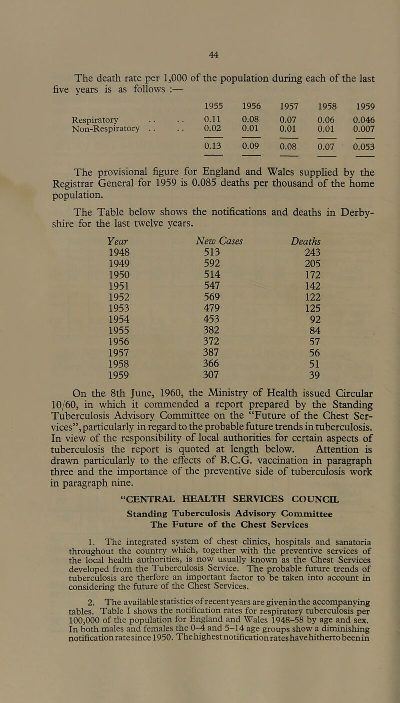 The death rate per 1,000 of the population during each of the last five years is as follows :— 1955 1956 1957 1958 1959 Respiratory 0.11 0.08 0.07 0.06 0.046 Non-Respiratory .. 0.02 0.01 0.01 0.01 0.007 0.13 0.09 0.08 0.07 0.053 The provisional figure for England and Wales supplied by the Registrar General for 1959 is 0.085 deaths per thousand of the home population. The Table below shows the notifications and deaths in Derby- shire for the last twelve years. Year New Cases Deaths 1948 513 243 1949 592 205 1950 514 172 1951 547 142 1952 569 122 1953 479 125 1954 453 92 1955 382 84 1956 372 57 1957 387 56 1958 366 51 1959 307 39 On the 8th June, 1960, the Ministry of Health issued Circular 10/60, in which it commended a report prepared by the Standing Tuberculosis Advisory Committee on the “Future of the Chest Ser- vices”, particularly in regard to the probable future trends in tuberculosis. In view of the responsibility of local authorities for certain aspects of tuberculosis the report is quoted at length below. Attention is drawn particularly to the effects of B.C.G. vaccination in paragraph three and the importance of the preventive side of tuberculosis work in paragraph nine. “CENTRAL HEALTH SERVICES COUNCIL Standing Tuberculosis Advisory Committee The Future of the Chest Services 1. The integrated system of chest clinics, hospitals and sanatoria throughout the country which, together with the preventive services of the local health authorities, is now usually known as the Chest Services developed from the Tuberculosis Service. The probable future trends of tuberculosis are therfore an important factor to be taken into account in considering the future of the Chest Services. 2. The available statistics of recent years are given in the accompanying tables. Table I shows the notification rates for respiratory tuberculosis per 100,000 of the population for England and Wales 1948-58 by age and sex. In both males and females the 0-4 and 5-14 age groups show a diminishing notification rate since 1950. The highest noufication rates have hitherto beenin