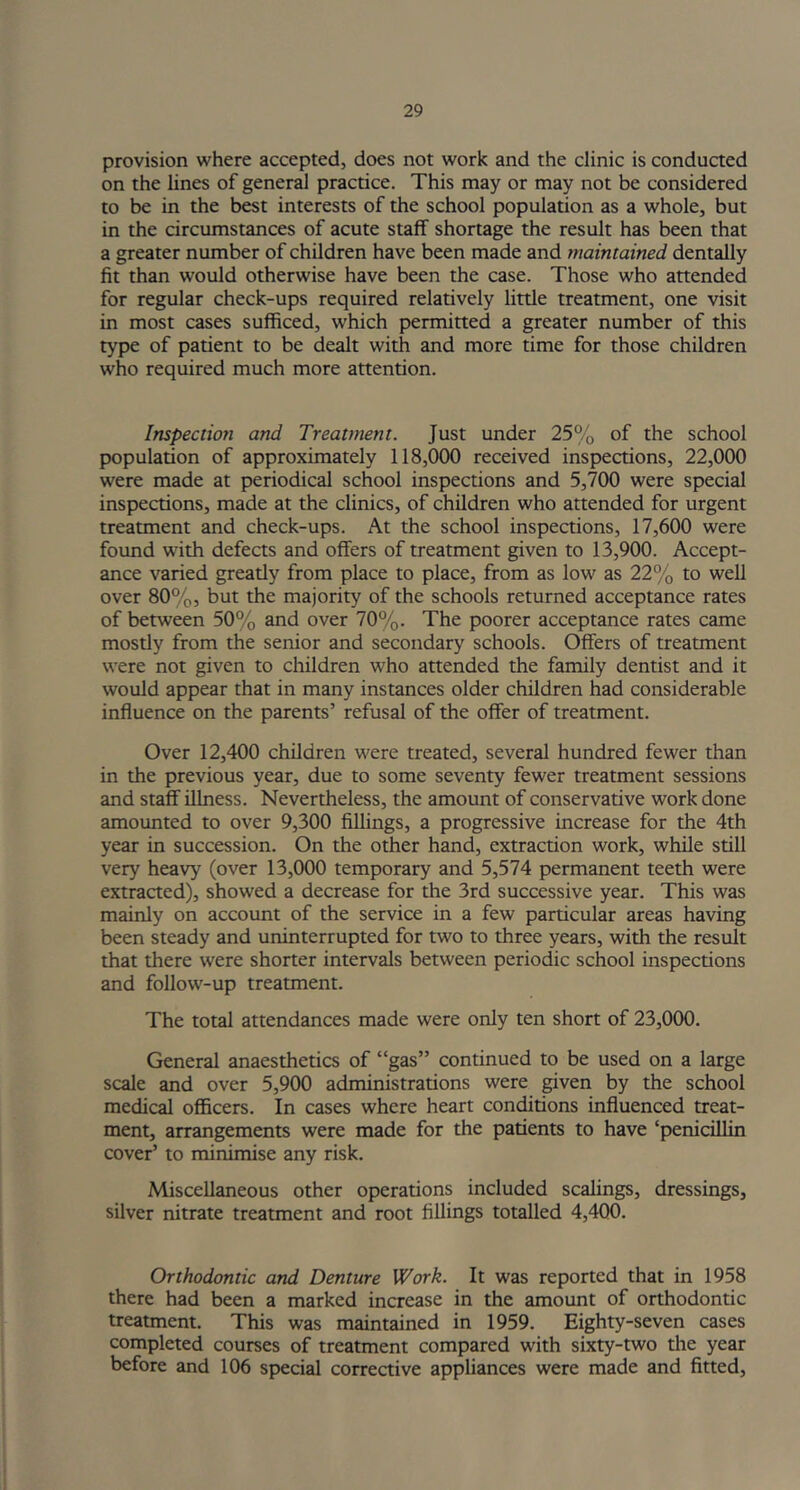 provision where accepted, does not work and the clinic is conducted on the lines of general practice. This may or may not be considered to be in the best interests of the school population as a whole, but in the circumstances of acute staff shortage the result has been that a greater number of children have been made and maintained dentally fit than would otherwise have been the case. Those who attended for regular check-ups required relatively little treatment, one visit in most cases sufficed, which permitted a greater number of this type of patient to be dealt with and more time for those children who required much more attention. Inspection and Treatment. Just under 25% of the school population of approximately 118,000 received inspections, 22,000 were made at periodical school inspections and 5,700 were special inspections, made at the clinics, of children who attended for urgent treatment and check-ups. At the school inspections, 17,600 were found with defects and offers of treatment given to 13,900. Accept- ance varied greatly from place to place, from as low as 22% to well over 80%, but the majority of the schools returned acceptance rates of between 50% and over 70%. The poorer acceptance rates came mostly from the senior and secondary schools. Offers of treatment were not given to children who attended the family dentist and it would appear that in many instances older children had considerable influence on the parents’ refusal of the offer of treatment. Over 12,400 children were treated, several hundred fewer than in the previous year, due to some seventy fewer treatment sessions and staff illness. Nevertheless, the amount of conservative work done amounted to over 9,300 fillings, a progressive increase for the 4th year in succession. On the other hand, extraction work, while still very heavy (over 13,000 temporary and 5,574 permanent teeth were extracted), showed a decrease for the 3rd successive year. This was mainly on account of the service in a few particular areas having been steady and uninterrupted for two to three years, with the result that there were shorter intervals between periodic school inspections and follow-up treatment. The total attendances made were only ten short of 23,000. General anaesthetics of “gas” continued to be used on a large scale and over 5,900 administrations were given by the school medical officers. In cases where heart conditions influenced treat- ment, arrangements were made for the patients to have ‘penicillin cover’ to minimise any risk. Miscellaneous other operations included scalings, dressings, silver nitrate treatment and root fillings totalled 4,400. Orthodontic and Denture Work. It was reported that in 1958 there had been a marked increase in the amount of orthodontic treatment. This was maintained in 1959. Eighty-seven cases completed courses of treatment compared with sixty-two the year before and 106 special corrective appliances were made and fitted,