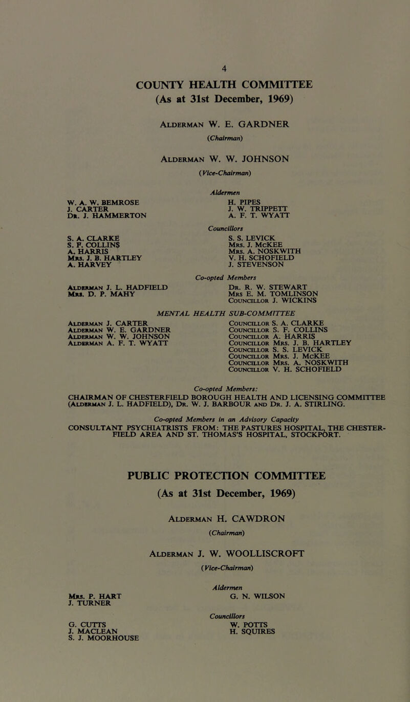 COUNTY HEALTH COMMITTEE (As at 31st December, 1969) Alderman W. E. GARDNER (Chairman) Alderman W. W. JOHNSON ( Vice-Chairman) W. A. W. BEMROSE J. CARTER DR. J. HAMMERTON S. A. CLARKE S. F. COLLINS A. HARRIS Mrs. J. B. HARTLEY A. HARVEY Aldermen H. PIPES J. W. TRIPPETT A. F. T. WYATT Councillors S. S. LEVICK Mrs. J. McKEE Mrs. A. NOSKWITH V. H. SCHOFIELD J. STEVENSON Co-opted Members Alderman J. L. HADFIELD Dr. R. W. STEWART Mr*. D. P. MAHY Mrs E. M. TOMLINSON Councillor J. WICKINS MENTAL HEALTH SUB-COMMITTEE Alderman J. CARTER Alderman W. E. GARDNER Alderman W. W. JOHNSON Alderman A. F. T. WYATT Councillor S. A. CLARKE Councillor S. F. COLLINS Councillor A. HARRIS Councillor Mrs. J. B. HARTLEY Councillor S. S. LEVICK Councillor Mrs. J. McKEE Councillor Mrs. A. NOSKWITH Councillor V. H. SCHOFIELD Co-opted Members: CHAIRMAN OF CHESTERFIELD BOROUGH HEALTH AND LICENSING COMMITTEE (Alderman J. L. HADFIELD), Dr. W. J. BARBOUR and Dr. J. A. STIRLING. Co-opted Members in an Advisory Capacity CONSULTANT PSYCHIATRISTS FROM: THE PASTURES HOSPITAL, THE CHESTER- FIELD AREA AND ST. THOMAS’S HOSPITAL, STOCKPORT. PUBLIC PROTECTION COMMITTEE (As at 31st December, 1969) Alderman H. CAWDRON (Chairman) Alderman J. W. WOOLLISCROFT ( Vice-Chairman) Aldermen G. N. WILSON Councillors W. POTTS H. SQUIRES Mrs. P. HART J. TURNER G. CUTTS J. MACLEAN S. J. MOORHOUSE