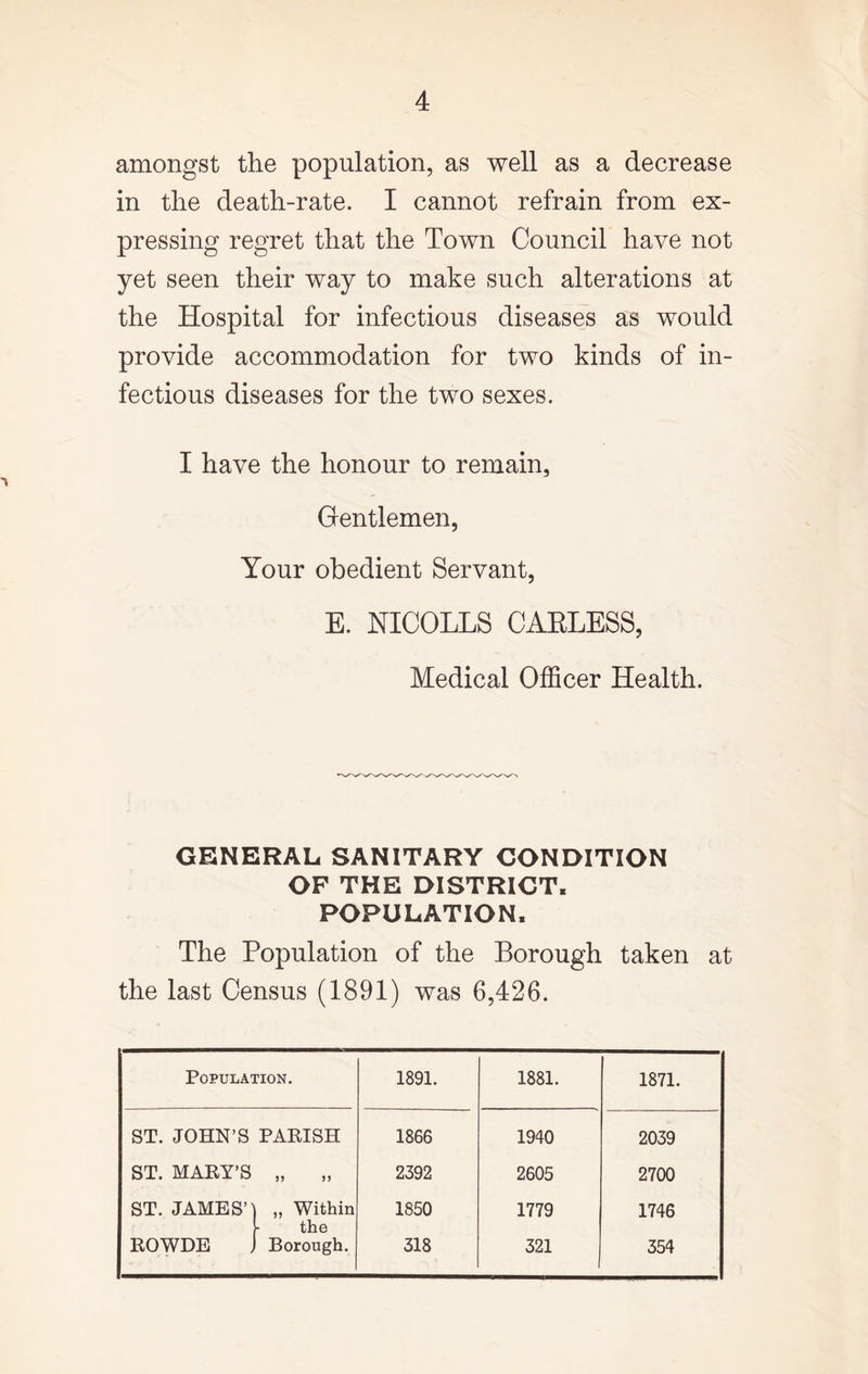 amongst the population, as well as a decrease in the death-rate. I cannot refrain from ex- pressing regret that the Town Council have not yet seen their way to make such alterations at the Hospital for infectious diseases as would provide accommodation for two kinds of in- fectious diseases for the two sexes. I have the honour to remain, Gentlemen, Your obedient Servant, E. NICOLLS CARLESS, Medical Officer Health. GENERAL SANITARY CONDITION OF THE DISTRICT, POPULATION, The Population of the Borough taken at the last Census (1891) was 6,426. Population. 1891. 1881. 1871. ST. JOHN’S PARISH 1866 1940 2039 ST. MARY’S „ 2392 2605 2700 ST. JAMES’) „ Within [• the 1850 1779 1746 ROWDE j Borough. 318 321 354