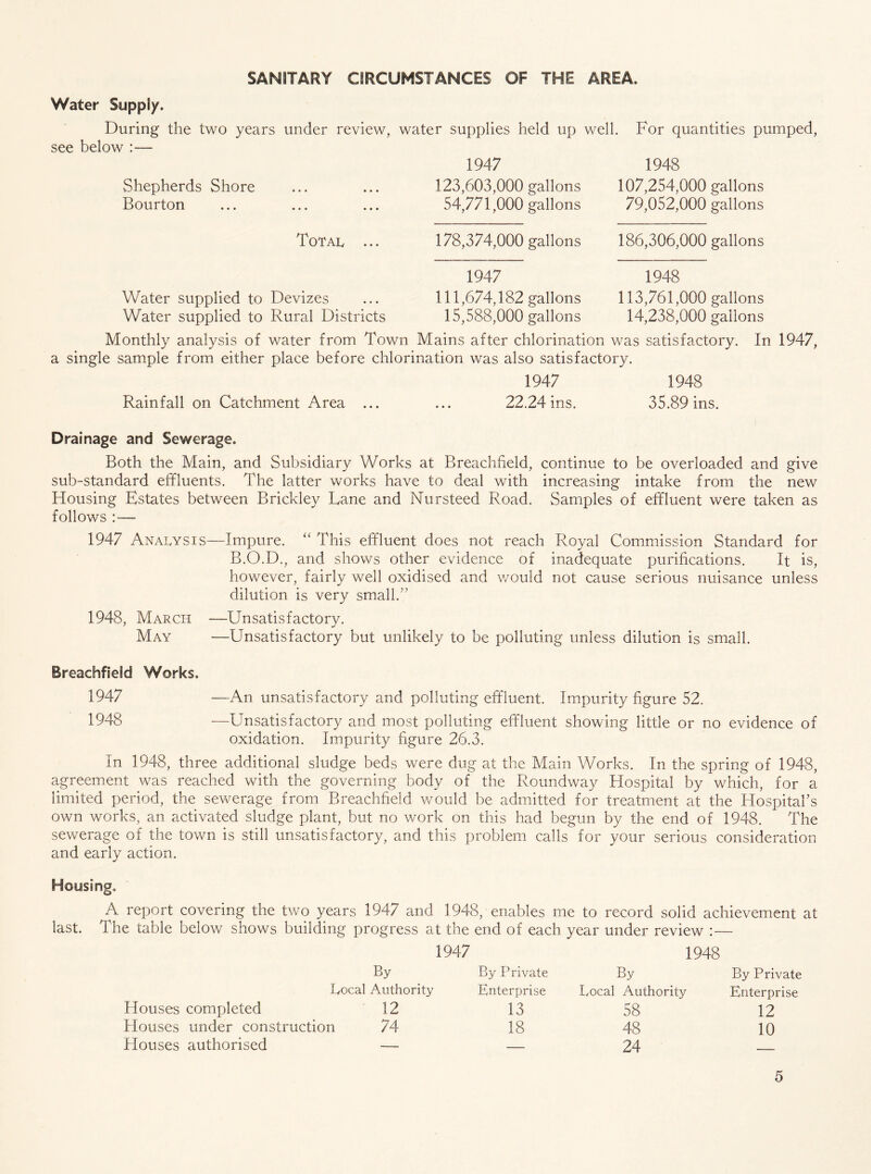 SANITARY CIRCUMSTANCES OF THE AREA. Water Supply. During the two years under review, water supplies held up well. For quantities pumped, see below :— 1947 1948 Shepherds Shore Bourton 123,603,000 gallons 54,771,000 gallons 107,254,000 gallons 79,052,000 gallons Total 178,374,000 gallons 186,306,000 gallons Water supplied to Devizes Water supplied to Rural Districts 1947 111 ,674,182 gallons 15,588,000 gallons 1948 113,761,000 gallons 14,238,000 gallons Monthly analysis of water from Town Mains after chlorination was satisfactory. In 1947, a single sample from either place before chlorination was also satisfactory. 1947 1948 Rainfall on Catchment Area ... ... 22.24 ins. 35.89 ins. Drainage and Sewerage. Both the Main, and Subsidiary Works at Breachfield, continue to be overloaded and give sub-standard effluents. The latter works have to deal with increasing intake from the new Housing Estates between Brickley Lane and Nursteed Road. Samples of effluent were taken as follows : — 1947 Analysis—Impure. “ This effluent does not reach Royal Commission Standard for B.O.D., and shows other evidence of inadequate purifications. It is, however, fairly well oxidised and would not cause serious nuisance unless dilution is very small.” 1948, March —Unsatisfactory. May —Unsatisfactory but unlikely to be polluting unless dilution is small. Breachfield Works. 1947 —An unsatisfactory and polluting effluent. Impurity figure 52. 1948 —Unsatisfactory and most polluting effluent showing little or no evidence of oxidation. Impurity figure 26.3. In 1948, three additional sludge beds were dug at the Main Works. In the spring of 1948, agreement was reached with the governing body of the Roundway Hospital by which, for a limited period, the sewerage from Breachfield would be admitted for treatment at the Hospital’s own works, an activated sludge plant, but no work on this had begun by the end of 1948. The sewerage of the town is still unsatisfactory, and this problem calls for your serious consideration and early action. Housing. A report covering the two years 1947 and 1948, enables me to record solid achievement at last. The table below shows building progress at the end of each year under review : — 1947 1948 By By Private By By Private Local Authority Enterprise Local Authority Enterprise Houses completed 12 13 58 12 Houses under construction 74 18 48 10 Houses authorised — — 24