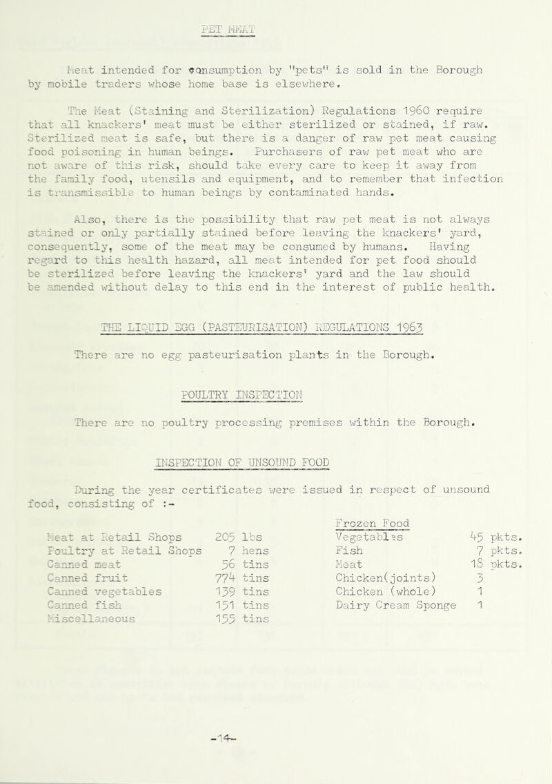PET HEAT Heat intended for consumption by pets is sold in the Borough by mobile traders whose home base is elsewhere. The Meat (Staining and Sterilization) Regulations i960 require that all knackers' meat must be either sterilized or stained, if raw. Sterilized neat is safe, but there is a danger of raw pet meat causing food poisoning in human beings. Purchasers of raw pet meat who are not aware of this risk, should take every care to keep it away from the family food, utensils and equipment, and to remember that infection is transmissible to human beings by contaminated hands. Also, there is the possibility that raw pet meat is not always stained or only partially stained before leaving the knackers' yard, consequently, some of the meat may be consumed by humans. Having regard to this health hazard, all meat intended for pet food should be sterilized before leaving the knackers' yard and the law should be amended without delay to this end in the interest of public health. THE LIQUID EGG (PASTEURISATION) REGULATIONS 1963 There are no egg pasteurisation plants in the Borough. POULTRY INSPECTION There are no poultry processing premises within the Borough. INSPECTION OF UNSOUND FOOD Luring the year certificates were issued in respect of unsound food, consisting of Frozen Food : !eat at Retail Shops 205 lbs Vegetablss 43 pkts. Poultry at Retail Shops 7 hens Fish 7 pkts. Canned meat 56 tins Meat 18 pkts. Canned fruit 774 tins Chicken(joints) 3 Canned vegetables 139 tins Chicken (whole) 1 Canned fish 151 tins Dairy Cream Sponge 1 Miscellaneous 133 tins -14-