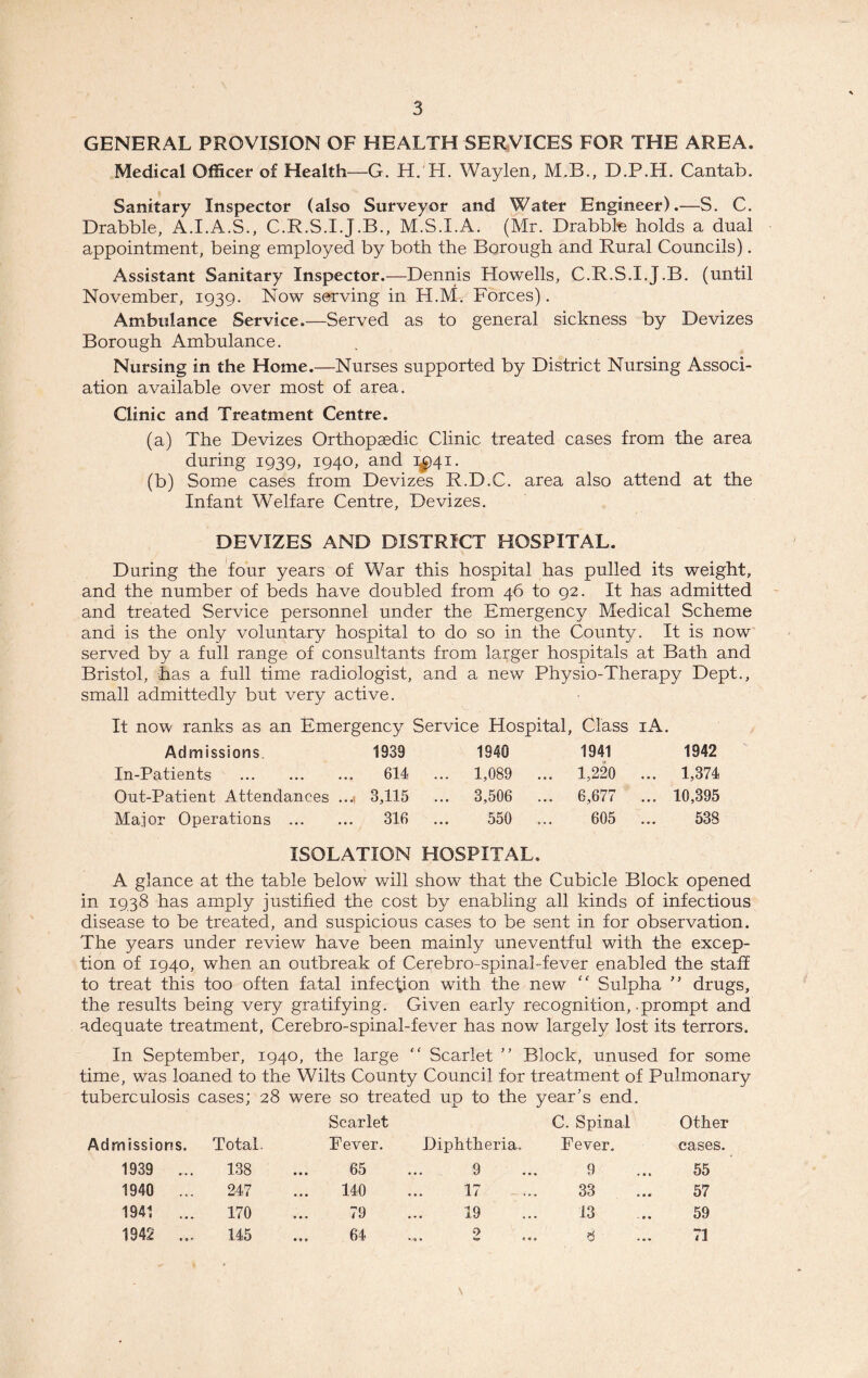 GENERAL PROVISION OF HEALTH SERVICES FOR THE AREA. Medical Officer of Health—G. H. H. Waylen, M.B., D.P.H. Cantab. Sanitary Inspector (also Surveyor and Water Engineer).—S. C. Drabble, A.I.A.S., C.R.S.I.J.B., M.S.I.A. (Mr. Drabbte holds a dual appointment, being employed by both the Borough and Rural Councils). Assistant Sanitary Inspector.—Dennis Howells, C.R.S.I.J.B. (until November, 1939. Now serving in H.M. Forces). Ambulance Service.—Served as to general sickness by Devizes Borough Ambulance. Nursing in the Home.—Nurses supported by District Nursing Associ- ation available over most of area. Clinic and Treatment Centre. (a) The Devizes Orthopaedic Clinic treated cases from the area during 1939, 1940, and 3^41. (b) Some cases from Devizes R.D.C. area also attend at the Infant Welfare Centre, Devizes. DEVIZES AND DISTRICT HOSPITAL. During the four years of War this hospital has pulled its weight, and the number of beds have doubled from 46 to 92. It has admitted - and treated Service personnel under the Emergency Medical Scheme and is the only voluntary hospital to do so in the (Sounty. It is now served by a full range of consultants from larger hospitals at Bath and Bristol, has a full time radiologist, and a new Physio-Therapy Dept., small admittedly but very active. It now ranks as an Emergency Service Hospital, Class lA. Admissions. 1939 1940 1941 1942 In-Patients 614 ... 1,089 ... 1,220 ... 1,374 Out-Patient Attendances ...i 3,115 ... 3,506 ... 6,677 ... 10,395 Major Operations 316 ... 550 ... 605 538 ISOLATION HOSPITAL. A glance at the table below will show that the Cubicle Block opened in 1938 has amply justified the cost by enabling all kinds of infectious disease to be treated, and suspicious cases to be sent in for observation. The years under review have been mainly uneventful with the excep- tion of 1940, when an outbreak of Cerebro-spinahfever enabled the staff to treat this too often fatal infection with the new '' Sulpha drugs, the results being very gratifying. Given early recognition, .prompt and adequate treatment, Cerebro-spinal-fever has now largely lost its terrors. In September, 1940, the large “ Scarlet Block, unused for some time, was loaned to the Wilts County Council for treatment of Pulmonary tuberculosis cases; 28 were so treated up to the year’s end. Admissions. Total. Scarlet Fever. Diphtheria. C. Spinal Fever. Other cases. 1939 ... 138 65 9 9 55 1940 ... 247 140 17 .... 33 57 1941 ... 170 79 19 13 59 1942 ... 145 64 0 8 71