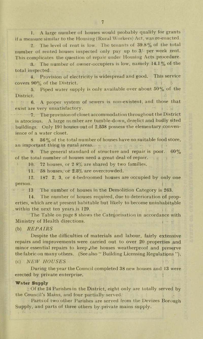 1. A large luiniber of houses wr)ul(l probal)ly qualify for grants if a measure similar to the Housing (Rural Workers) Act, was re-enacted. 2. The level of rent is low. I'lie tenants of 39.S% of the total number of rented houses inspected oidy pay up to 3/ per week rent. This complicates the question of repair under Housing Acts procedure. 3. The number of owner-occupiers is low, namely 1T1% of the total inspected. 4. Provision of electricity is widespread and good. This service covers 90% of the District. ' ;• 5. Piped water supply is only available over about 50% of the District. t 6. A proper system of sewers is non-existent, and those that exist are very unsatisfactory. 7. Tlieprovision of closet accommodation tliroughout the District is atrocious. A large number are tumble-down, derelict and badly sited buildings. Only 191 houses out of 2,538 possess the elementary conven- ience of a water closet. 8 36% of the total number of houses have no suitable food store, an important thing in rural areas. 9. The general standard of structure and repair is poor. 60% of the total number of houses need a great deal of repair. , . . - I 10. 72 houses, or 2 8% are shared by two families. 11. 58 houses, or 2.3% are overcrowded. 12. 187 2, 3, or 4-bed roomed houses are occupied by onl}' one person. 13 The number of houses in the Demolition Category is 263. 14. File number of houses required, due to deterioration of prop- erties, which are at present habitable but likely to become uninhabitable within the next ten years is 129. . 'The Table on page 8 shows the Categorisation in accordance with Ministry of Health directions. , ► (b) REPAIRS Despite the difficulties of materials and labour, fairly extensive repairs and improvements were carried out to over 20 properties ^and minor essential repairs to keep .the houses weatherproof and presepve the fabric on manyothers. (Seealso  Building Licensing Regulations ”). (c) NEW HOUSES During the year the Council completed 38 new hou.ses and 13 were erected by private enterprise. , Water Supply . Of the 24 Parishes in the District, eight only are totally served by the Council’s Mains, and four partially served. Parts of two other Parishes are served from the Devizes Borough Supply, and parts of three others by private mains supply.