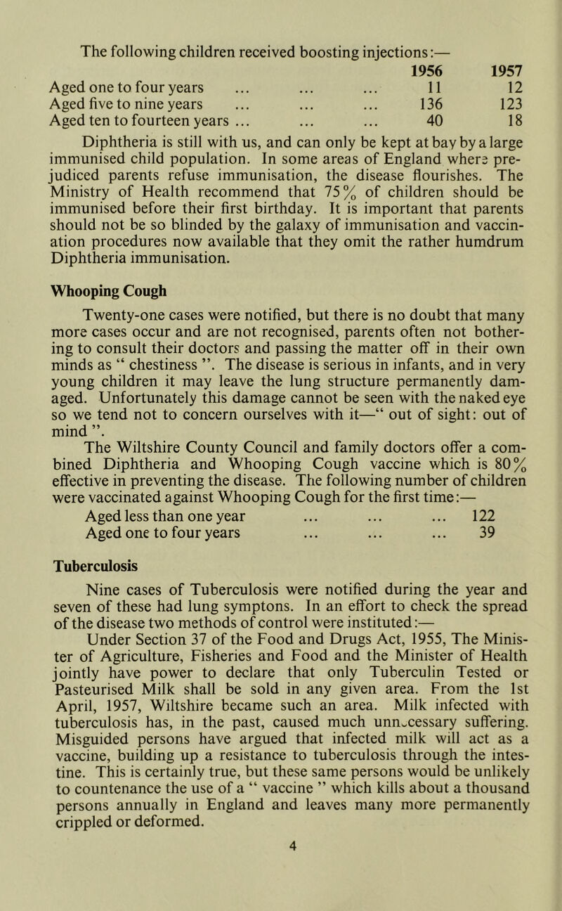 The following children received boosting injections:— 1956 1957 Aged one to four years 11 12 Aged five to nine years 136 123 Aged ten to fourteen years ... 40 18 Diphtheria is still with us, and can only be kept at bay by a large immunised child population. In some areas of England where pre- judiced parents refuse immunisation, the disease flourishes. The Ministry of Health recommend that 75% of children should be immunised before their first birthday. It is important that parents should not be so blinded by the galaxy of immunisation and vaccin- ation procedures now available that they omit the rather humdrum Diphtheria immunisation. Whooping Cough Twenty-one cases were notified, but there is no doubt that many more cases occur and are not recognised, parents often not bother- ing to consult their doctors and passing the matter off in their own minds as “ chestiness The disease is serious in infants, and in very young children it may leave the lung structure permanently dam- aged. Unfortunately this damage cannot be seen with the naked eye so we tend not to concern ourselves with it—“ out of sight: out of mind The Wiltshire County Council and family doctors offer a com- bined Diphtheria and Whooping Cough vaccine which is 80% effective in preventing the disease. The following number of children were vaccinated against Whooping Cough for the first time:— Aged less than one year ... ... ... 122 Aged one to four years ... ... ... 39 Tuberculosis Nine cases of Tuberculosis were notified during the year and seven of these had lung symptons. In an effort to check the spread of the disease two methods of control were instituted:— Under Section 37 of the Food and Drugs Act, 1955, The Minis- ter of Agriculture, Fisheries and Food and the Minister of Health jointly have power to declare that only Tuberculin Tested or Pasteurised Milk shall be sold in any given area. From the 1st April, 1957, Wiltshire became such an area. Milk infected with tuberculosis has, in the past, caused much unnecessary suffering. Misguided persons have argued that infected milk will act as a vaccine, building up a resistance to tuberculosis through the intes- tine. This is certainly true, but these same persons would be unlikely to countenance the use of a “ vaccine ” which kills about a thousand persons annually in England and leaves many more permanently crippled or deformed.