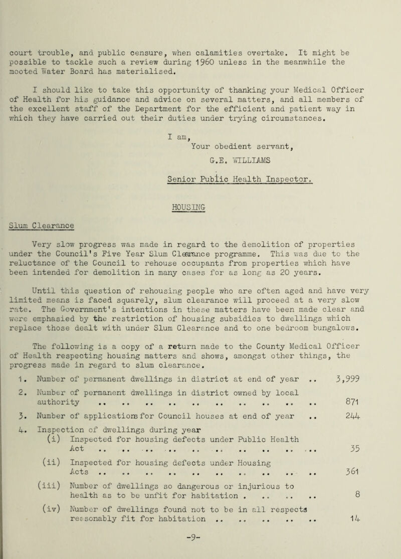 court trouble, and public censure, v/hen calamities overtake. It might be possible to tackle such a review during 196O unless in the meanwhile the mooted Tiiater Board has materialised. I should like to take this opportunity of thanking your Medical Officer of Health for his guidance and advice on several matters, and all members of the excellent staff of the Department for the efficient and patient way in which they have carried out their duties under trying circumstances. I am. Your obedient servant, &.E. '/nLLIAMS Senior Public Health Inspector. H0USIN& Slum Clearance Very slow progress was made in regard to the demolition of properties under the Council's Five Year Slum Clearance programme. This was due to the reluctance of the Council to rehouse occupants from properties which have been intended for demolition in many cases for as long as 20 years. Until this question of rehousing people who are often aged and have very limdted means is faced squarely, slum clearance will proceed at a very slow rate. The G-overnment * s intentions in these matters have been made clear and wore emphasied by the restriction of housing subsidies to dwellings which replace those dealt with under Slum Clearance and to one bedroom bungalov/s. The follo7/ing is a copy of a return made to the County Medical Officer of Health respecting housing matters and shows, amongst other things, the progress made in regard to slum clearance. 1. Number of permanent dv/ellings in district at end of year .. 3,999 2. Number of permanent dwellings in district owned by local authority 871 3. Number of applications for Council houses at end of year ., 244 4. Inspection of dwellings during year (i) Inspected for housing defects under Public Health Act .. .. ... , .. 35 (ii) Inspected for housing defects under Housing Acts ., ... .. 361 (iii) Number of dv/ellings so dangerous or injurious to health as to be unfit for habitation . .. „. .. 8 (iv) Number of dwellings found not to be in all respects reasonably fit for habitation 14- -9-