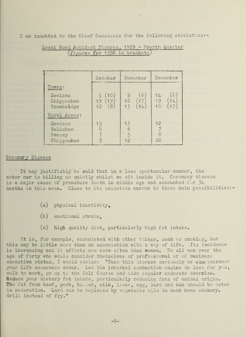 Local Road Accident Figures, 1939 ~ Fourth Quarter (fi|S:ures for 1938 in brackets) October November December Town^; Devizes 5 (10) 9 (6) 14 (8) Chippenham 19 (19) l6 (17) 19 (14) , Trovjb ridge 12 (8) 13 (14) 16 (13) Rural Areas: Devizes 13 13 12 Melksham 8 6 7 Pewsey 7 5 8 Chippenham 9 12 20 Coronary Disease It may justifi.ably be said that in a less spectacular manner, the motor car is killing us quietly whilst we sit inside it. Coronary disease is a major cause of premature death in middle age and accounted f.-r 34 deaths in this area. Clues to its causation narrow to three main possibilities (a) physical inactivity, (b) emotional strain, (c) high quality diet, particularly high fat intake. It is, for example, associated with other things, such as smokixig, but this may be little more than an association v^ith a v^ay of life. Its incidence is increasing and it affects men more oiten than women. To all men over the age of forty who would consider themselves of professional or of business executive status, I v/ould advise: Take this disease seriously or else increase your life assurance cover. Let the internal combustion engine do less for you, walk to work, go up to the G-olf Course and take regular modez’ate exercise. Reduce your dietary fat intake, particularly reducing fats of animal origin. The tat from beef, pork, buuuer, milk, Irver, egg, lard and ham should be eaten in moderation. Lard can be replaced by vegetable oils in much home cookery. G-rill instead of fry. -9-