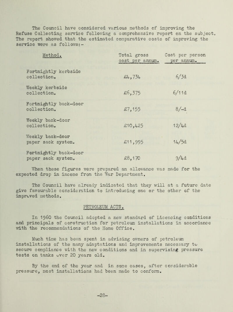 The Council have considered various methods of improving the Refuse Collecting service follov.dng a comprehensive report on the subject. The report showed that the estimated comparative costs of improving the service were as follows:- Method, Total gross cost per annum. Cost per person per annum. Fortnightly kerbside collection. £4,73^ 6/3d Weekly kerbside collection. £6,375 6/11 d Fortnightly back-door collection. £7,155 8/-d Weekly back-door collection. £10,425 12/4d Weekly back-door paper sack system. £11,995 14/5d Fortnightly back-door paper sack system. £8,170 9Aa ’7hen these figures were prepared an allowance ?ms made for the expected drop in income from the War Department. The Coimcil have already indicated that they will at a future date give favourable consideration to introducing one or the other of the improved methods. PETROLEM ACTS. In 1960 the Council adopted a new standard of Licencing conditions and principals of construction for petroleum installations in accordance with the recommendations of the Home Office. Much time has been spent in advising owners of petroleum installations of the many adaptations and improvements necessary to secure compliance with the new conditions and in supervising pressure tests on tanks over 20 years old. By the end of the year and in some cases, after considerable pressure, most installations had been made to conform. -28-