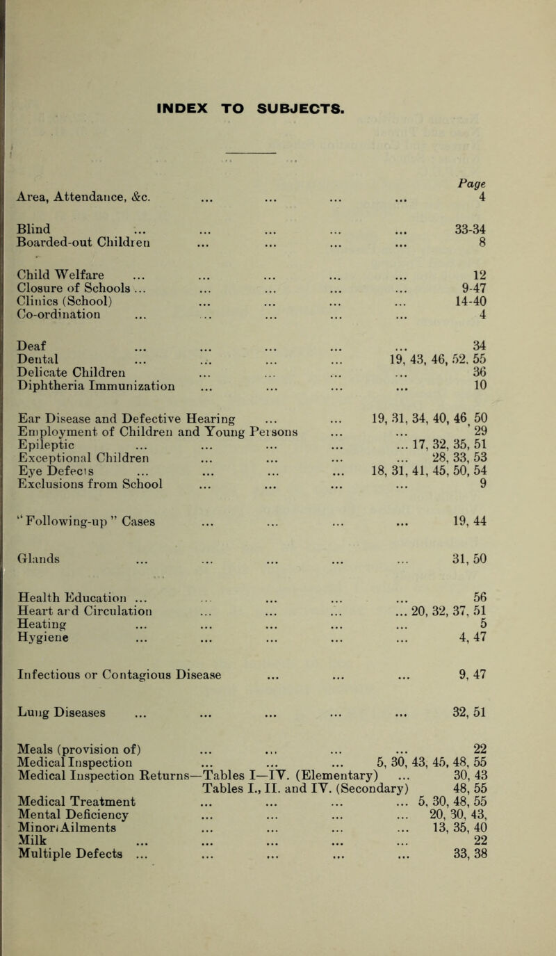 INDEX TO SUBJECTS. Area, Attendance, &c. Page 4 Blind 33-34 Boarded-out Children 8 Child Welfare 12 Closure of Schools ... 9-47 Clinics (School) 14-40 Co-ordination 4 Deaf 34 Dental 19,43,46,52.55 Delicate Children 36 Diphtheria Immunization 10 Ear Disease and Defective Hearing 19, 31, 34, 40, 46 50 Employment of Children and Young Persons ’29 Epileptic ... 17, 32, 35, 51 Exceptional Children 28,33,53 Eye Defects 18,31,41,45,50,54 Exclusions from School 9 “Following-up” Cases 19,44 Glands 31,50 Health Education ... 56 Heart ard Circulation ... 20, 32, 37, .51 Heating 5 Hygiene 4,47 Infectious or Contagious Disease 9, 47 Lung Diseases 32, 51 Meals (provision of) 22 Medical Inspection 5,30,43,4.5.48,55 Medical Inspection Returns—Tables I—lY. (Elementary) ... 30, 43 Tables I., II. and lY. (Secondary) 48, 55 Medical Treatment ... 5,30,48,55 Mental Deficiency ... 20, 30, 43, MinoriAilments 13,35,40 Milk 22 Multiple Defects ... 33, 38