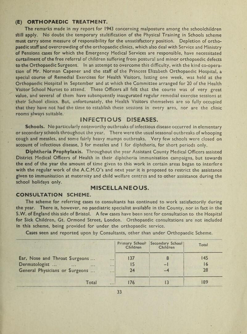 (E) ORTHOPAEDIC TREATMENT. The remarks made In my report for 1943 concerning malposture among the schoolchildren still apply. No doubt the temporary stultification of the Physical Training in Schools scheme must carry some measure of responsibility for the unsatisfactory position. Depletion of ortho- paedic staff and overcrowding of the orthopaedic clinics, which also deal with Service and Ministry of Pensions cases for which the Emergency Medical Services are responsible, have necessitated curtailment of the free referral of children suffering from postural and minor orthopaedic defects to the Orthopaedic Surgeons. In an attempt to overcome this difficulty, with the kind co-opera- tion of Mr. Norman Capener and the staff of the Princess Elizabeth Orthopaedic Hospital, a special course of Remedial Exercises for Health Visitors, lasting one week, was held at the Orthopaedic Hospital in September and at which the Committee arranged for 20 of the Health Visitor School Nurses to attend. These Officers all felt that the course was of very great value, and several of them have subsequently inaugurated regular remedial exercise sessions at their School clinics. But, unfortunately, the Health Visitors themselves are so fully occupied that they have not had the time to establish these sessions in every area, nor are the clinic rooms always suitable. INFECTIOUS DISEASES. Schools. No particularly noteworthy outbreaks of infectious disease occurred in elementary or secondary schools throughout the year. There were the usual seasonal outbreaks of whooping cough and measles, and some fairly heavy mumps outbreaks. Very few schools were closed on account of infectious disease, 3 for measles and I for diphtheria, for short periods only. Diphtheria Prophylaxis. Throughout the year Assistant County Medical Officers assisted District Medical Officers of Health in their diphtheria immunisation campaigns, but towards the end of the year the amount of time given to this work in certain areas began to interfere with the regular work of the A.C.M.O’s and next year it is proposed to restrict the assistance given to immunisation at maternity and child welfare centres and to other assistance during the school holidays only. MISCELLANEOUS. CONSULTATION SCHEME. The scheme for referring cases to consultants has continued to work satisfactorily during the year. There is, however, no paediatric specialist available in the County, nor in fact in the S.W. of England this side of Bristol. A few cases have been sent for consultation to the Hospital for Sick Children, Gt. Ormond Street, London. Orthopaedic consultations are not included In this scheme, being provided for under the orthopaedic service. Cases seen and reported upon by Consultants, other than under Orthopaedic Scheme. Primary School’ Children Secondary School Children Total Ear, Nose and Throat Surgeons ... 137 8 145 Dermatologist ... 15 -1 16 General Physicians or Surgeons ... 24 -4 28 Total 176 13 189