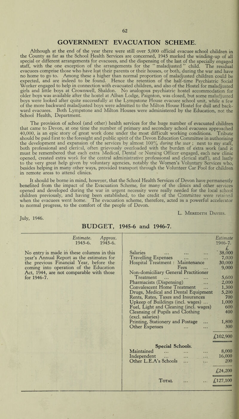 GOVERNMENT EVACUATION SCHEME. Although at the end of the year there were still over 5,000 official evacuee school children in the County as far as the School Health Services are concerned, 1945 marked the winding-up of all special or different arrangements for evacuees, and the dispensing of the last of the specially engaged staff, with the one exception of the arrangements for the “ maladjusted ” child. The residual ! evacuees comprise those who have lost their parents or their houses, or both, during the war and have no home to go to. Among these a higher than normal proportion of maladjusted children could be , expected, and are indeed to be found. Hence the retention of the half-time Psychiatric Social Worker engaged to help in connection with evacuated children, and also of the Hostel for maladjusted j girls and little boys at Crownwell, Shaldon. No analogous psychiatric hostel accommodation for j older boys was available after the hostel at Alban I.odge, Paignton, was closed, but some maladjusted j boys were looked after quite successfully at the Lympstone House evacuee school unit, while a few 1 of the more backward maladjusted boys were admitted to the Milton House Hostel for dull and back- ! ward evacuees. Both Lympstone and Milton Houses were administered by the Education, not the ] School Health, Department. j The provision of school (and other) health services for the huge number of evacuated children | that came to Devon, at one time the number of primary and secondary school evacuees approached l 40,000, is an epic story of great work done under the most difficult working conditions. Tribute ] should be paid first to the foresight and public spirit of the Devon Education Committee in authorising j the development and expansion of the services by almost 100% during the war ; next to my staff, i both professional and clerical, often grievously overloaded with the burden of extra work (and it ■ must be remembered that each extra Medical, Dental or Nursing Officer engaged, each new clinic .“l opened, created extra work for the central administrative professional and clerical staff), and lastly to the very great help given by voluntary agencies, notably the Women’s Voluntary Services who, ^ besides helping in many other ways, provided transport through the Volunteer Car Pool for children in remote areas to attend clinics. It should be borne in mind, however, that the School Health Services of Devon have permanently benefited from the impact of the Evacuation Scheme, for many of the clinics and other services opened and developed during the war in urgent necessity were really needed for the local school children previously, and having been established, to the credit of the Committee were retai.ned when the evacuees went home. The evacuation scheme, therefore, acted as a powerful accelerator to normal progress, to the comfort of the people of Devon. July, 1946. L. Meredith Davies. BUDGET, 1945-6 and 1946-7. Estimate. Approx. 1945-6. 1945-6. No entry is made in these columns in this year’s Annual Report as the estimates for the previous Financial Year, before the coming into operation of the Education Act, 1944, are not comparable with those for 1946-7. Salaries Estimate 1946-7. £ ‘ 38,000 Travelling Expenses 7,000 Hospital Treatment : Maintenance 30,000 Fees 9,000 Non-domiciliary General Practitioner Treatment 5,600 Pharmacists (Dispensing) 2,000 Convalescent Home Treatment 1,300 Drugs, Medical and Dental Equipment 5,200 Rents, Rates, Taxes and Insurances 700 Upkeep of Buildings (inch wages) ... 1,000 Fuel, Light and Cleaning (inch wages) 600 Cleansing of Pupils and Clothing 400 (excl. salaries) Printing, Stationery and Postage 1,800 Other Expenses 300 ;C102,900 Special Schools. Maintained 8,000 Independent 16,000 Other L.E.A’s Schools 200 Total £2i.200 £127,100