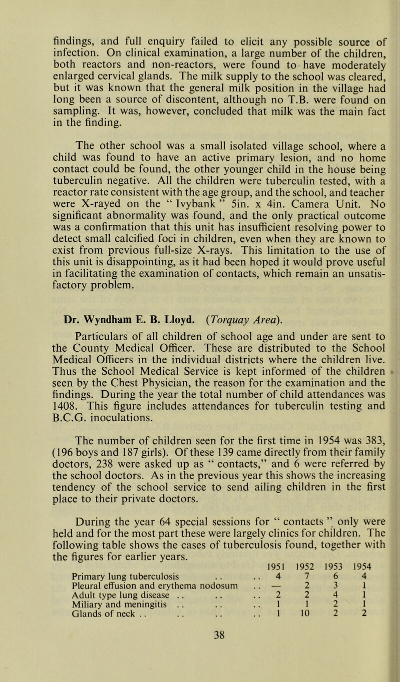 findings, and full enquiry failed to elicit any possible source of infection. On clinical examination, a large number of the children, both reactors and non-reactors, were found to have moderately enlarged cervical glands. The milk supply to the school was cleared, but it was known that the general milk position in the village had long been a source of discontent, although no T.B. were found on sampling. It was, however, concluded that milk was the main fact in the finding. The other school was a small isolated village school, where a child was found to have an active primary lesion, and no home contact could be found, the other younger child in the house being tuberculin negative. All the children were tuberculin tested, with a reactor rate consistent with the age group, and the school, and teacher were X-rayed on the “ Ivybank ” 5in. x 4in. Camera Unit. No significant abnormality was found, and the only practical outcome was a confirmation that this unit has insufficient resolving power to detect small calcified foci in children, even when they are known to exist from previous full-size X-rays. This limitation to the use of this unit is disappointing, as it had been hoped it would prove useful in facilitating the examination of contacts, which remain an unsatis- factory problem. Dr. Wyndham E. B. Lloyd. {Torquay Area). Particulars of all children of school age and under are sent to the County Medical Officer. These are distributed to the School Medical Officers in the individual districts where the children live. Thus the School Medical Service is kept informed of the children seen by the Chest Physician, the reason for the examination and the findings. During the year the total number of child attendances was 1408. This figure includes attendances for tuberculin testing and B.C.G. inoculations. The number of children seen for the first time in 1954 was 383, (196 boys and 187 girls). Of these 139 came directly from their family doctors, 238 were asked up as “ contacts,” and 6 were referred by the school doctors. As in the previous year this shows the increasing tendency of the school service to send ailing children in the first place to their private doctors. During the year 64 special sessions for “ contacts ” only were held and for the most part these were largely clinics for children. The following table shows the cases of tuberculosis found, together with the figures for earlier years. 1951 1952 Primary lung tuberculosis .. .. 4 7 Pleural effusion and erythema nodosum .. — 2 Adult type lung disease .. .. .. 2 2 Miliary and meningitis .. .. .. 1 1 Glands of neck .. .. .. .. 1 10 1953 1954 6 4 3 1 4 1 2 1 2 2