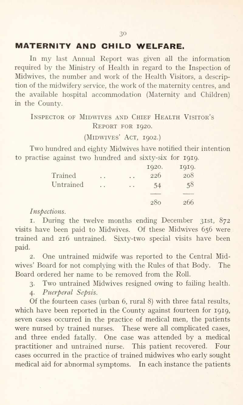 MATERNITY AND CHILD WELFARE. In my last Annual Report was given all the information required by the Ministry of Health in regard to the Inspection of Midwives, the number and work of the Health Visitors, a descrip- tion of the midwifery service, the work of the maternity centres, and the available hospital accommodation (Maternity and Children) in the County. Inspector of Midwives and Chief Health Visitor’s Report for 1920. (Midwives’ Act, 1902.) Two hundred and eighty Midwives have notified their intention practise against two hundred and sixt^^-six for 1919 1920. 1919. Trained 226 208 Untrained .. .. 54 58 Inspections. 280 266 1. During the twelve months ending December 31st, 872 visits have been paid to Midwives. Of these Midwives 656 were trained and 216 untrained. Sixty-two special visits have been paid. 2. One untrained midwife was reported to the Central Mid- wives’ Board for not complying with the Rules of that Body. The Board ordered her name to be removed from the Roll. 3. Two untrained Midwives resigned owing to failing health. 4. Puerperal Sepsis. Of the fourteen cases (urban 6, rural 8) with three fatal results, which have been reported in the County against fourteen for 1919, seven cases occurred in the practice of medical men, the patients were nursed by trained nurses. These were all complicated cases, and three ended fatally. One case was attended by a medical practitioner and untrained nurse. This patient recovered. Four cases occurred in the practice of trained midwives who early sought medical aid for abnormal symptoms. In each instance the patients