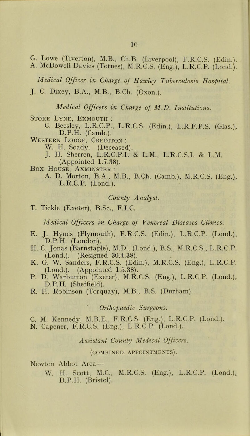 G. Lowe (Tiverton), M.B., Ch.B. (Liverpool), F.R.C.S. (Edin.). A. McDowell Davies (Totnes), M.R.C.S. (Eng.), L.R.C.P. (Lond.). Medical Officer in Charge of Hawley Tuberculosis Hospital. J. C. Dixey, B.A., M.B., B.Ch. (Oxon.). Medical Officers in Charge of M.D. Institutions. Stoke Lyne, Exmouth : C. Beesley, L.R.C.P., L.R.C.S. (Edin.), L.R.F.P.S. (Glas.), D.P.H. (Camb.). Western Lodge, Crediton : W. H. Soady. (Deceased). J. H. Sherren, L.R.C.P.I. & L.M., L.R.C.S.I. & L.M. (Appointed 1.7.38). Box House, Axminster : A. D. Morton, B.A., M.B., B.Ch. (Camb.), M.R.C.S. (Eng.), L.R.C.P. (Lond.). County Analyst. T. Tickle (Exeter), B.Sc., F.I.C. Medical Officers in Charge of Venereal Diseases Clinics. E. J. Hynes (Plymouth), F.R.C.S. (Edin.), L.R.C.P. (Lond.), D. P.H. (London). H. C. Jonas (Barnstaple), M.D., (Lond.), B.S., M.R.C.S., L.R.C.P. (Lond.). (Resigned 30.4.38). K. G. W. Sanders, F.R.C.S. (Edin.), M.R.C.S. (Eng.), L.R.C.P. (Lond.). (Appointed 1.5.38). P. D. Warburton (Exeter), M.R.C.S. (Eng.), L.R.C.P. (Lond.), D.P.H. (Sheffield). R. H. Robinson (Torquay), M.B., B.S. (Durham). Orthopaedic Surgeons. C. M. Kennedy, M.B.E., F.R.C.S. (Eng.), L.R.C.P. (Lond.). N. Capener, F.R.C.S. (Eng.), L.R.C.P. (Lond.). Assistant County Medical Officers. (combined appointments). Newton Abbot Area— W. H. Scott, M.C., M.R.C.S. (Eng.), L.R.C.P. (Lond.), D.P.H. (Bristol).