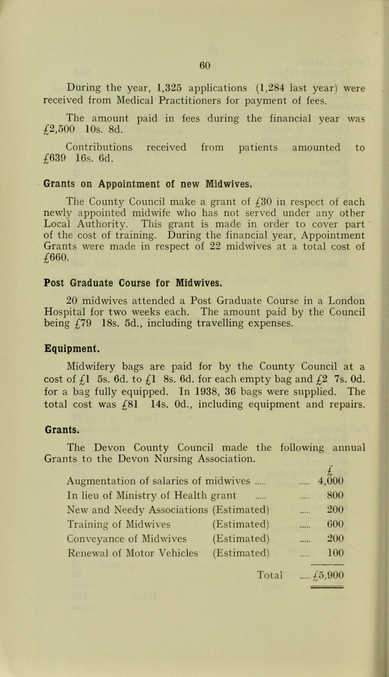 During the year, 1,325 applications (1,284 last year) were received from Medical Practitioners for payment of fees. The amount paid in fees during the financial year was £2,500 10s. 8d. Contributions received from patients amounted to £639 16s. 6d. Grants on Appointment of new Midwives. The County Council make a grant of £30 in respect of each newly appointed midwife who has not served under any other Local Authority. This grant is made in order to cover part of the cost of training. During the financial year, Appointment Grants were made in respect of 22 midwives at a total cost of £660. Post Graduate Course for Midwives. 20 midwives attended a Post Graduate Course in a London Hospital for two weeks each. The amount paid bj' the Council being £79 18s. 5d., including travelling expenses. Equipment. Midwifery bags are paid for by the County Council at a cost of £1 5s. 6d. to £1 8s. 6d. for each empty bag and £2 7s. Od. for a bag fully equipped. In 1938, 36 bags were supplied. The total cost was £81 14s. Od., including equipment and repairs. Grants. The Devon County Council made the following annual Grants to the Devon Nursing Association. £ Augmentation of salaries of midwives 4,000 In lieu of Ministry of Health grant ... 800 New and Needy Associations (Estimated) 200 Training of Midwives (Estimated) 600 Conveyance of Midwives (Estimated) 200 Renewal of Motor Vehicles (Estimated) ... 100 Total £5,900