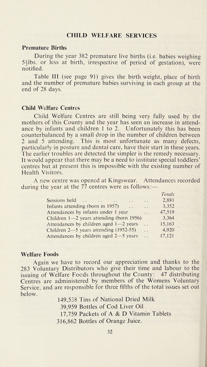 CHILD WELFARE SERVICES Premature Births During the year 382 premature live births (i.e. babies weighing 541bs. or less at birth, irrespective of period of gestation), were notified. Table III (see page 91) gives the birth weight, place of birth and the number of premature babies surviving in each group at the end of 28 days. Child Welfare Centres Child Welfare Centres are still being very fully used by the mothers of this County and the year has seen an increase in attend- ance by infants and children 1 to 2. Unfortunately this has been counterbalanced by a small drop in the number of children between 2 and 5 attending. This is most unfortunate as many defects, particularly in posture and dental care, have their start in these years. The earlier troubles are detected the simpler is the remedy necessary. It would appear that there may be a need to institute special toddlers’ centres but at present this is impossible with the existing number of Health Visitors. A new centre was opened at Kingswear. Attendances recorded during the year at the 77 centres were as follows:—■ Totals Sessions held .. .. .. .. .. 2,881 Infants attending (born in 1957) .. .. 3,352 Attendances by infants under 1 year . . 47,519 Children 1—2 years attending (born 1956) 3,364 Attendances by children aged 1—2 years .. 15,163 Children 2—5 years attending (1952-55) .. 4,920 Attendances by children aged 2—5 years .. 17,121 Welfare Foods Again we have to record our appreciation and thanks to the 283 Voluntary Distributors who give their time and labour to the issuing of Welfare Foods throughout the County: 47 distributing Centres are administered by members of the Womens Voluntary Service, and are responsible for three fifths of the total issues set out below. 149,558 Tins of National Dried Milk 39,959 Bottles of Cod Liver Oil 17,759 Packets of A & D Vitamin Tablets 316,862 Bottles of Orange Juice.