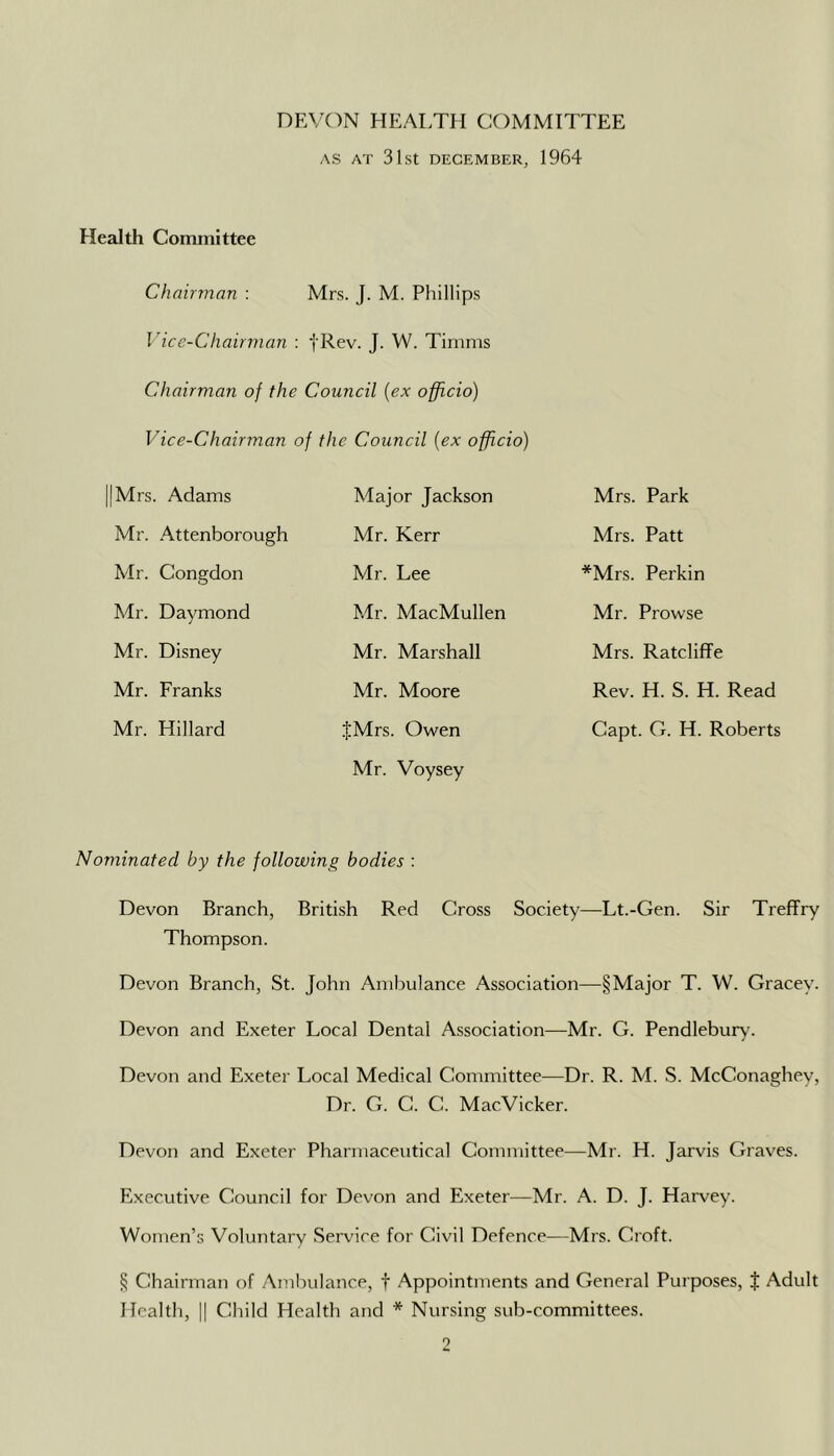 DF.VON HEALTH COMMITTEE AS AT 31st DECEMBER, 1964 Health Committee Chairman : Mrs. J. M. Phillips I'ice-Chairman : fRev. J. W. Timms Chairman of the Council {ex officio) Vice-Chairman of the Council {ex officio) Mrs. Adams Mr. Attenborough Mr. Congdon Mr. Daymond Mr. Disney Mr. Franks Mr. Hillard Major Jackson Mr. Kerr Mr. Lee Mr. MacMullen Mr. Marshall Mr. Moore JMrs. Owen Mr. Voysey Mrs. Park Mrs. Patt *Mrs. Perkin Mr. Prowse Mrs. Ratcliffe Rev. H. S. H. Read Capt. G. H. Roberts Nominated by the following bodies : Devon Branch, British Red Cross Society—Lt.-Gen. Sir Treflfry Thompson. Devon Branch, St. John Ambulance Association—§Major T. W. Gracey. Devon and Exeter Local Dental Association—Mr. G. Pendlebu^y^ Devon and Exeter Local Medical Committee—Dr. R. M. S. McConaghey, Dr. G. C. C. MacVicker. Devon and Exeter Pharmaceutical Committee—Mr. H. Jarvis Graves. Executive Council for Devon and Exeter—Mr. A. D. J. Harvey. Women’s Voluntary Service for Civil Defence—Mrs. Croft. § Chairman of Ambulance, f Appointments and General Purposes, J Adult