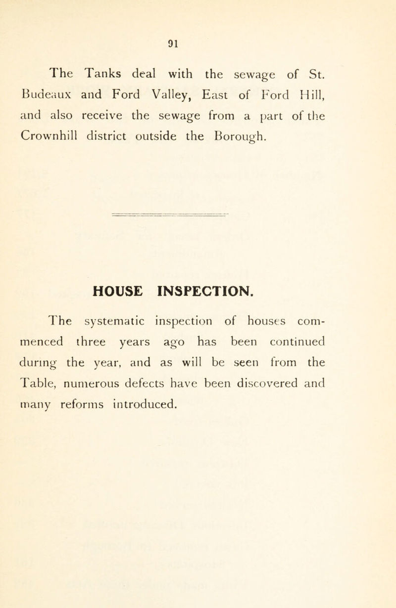 The Tanks deal with the sewage of St. Budeaux and Ford Valley, East of Ford Hill, and also receive the sewage from a part of the Crownhill district outside the Borough. HOUSE INSPECTION. The systematic inspection of houses com- menced three years ago has been continued during the year, and as will be seen from the Table, numerous defects have been discovered and many reforms introduced.