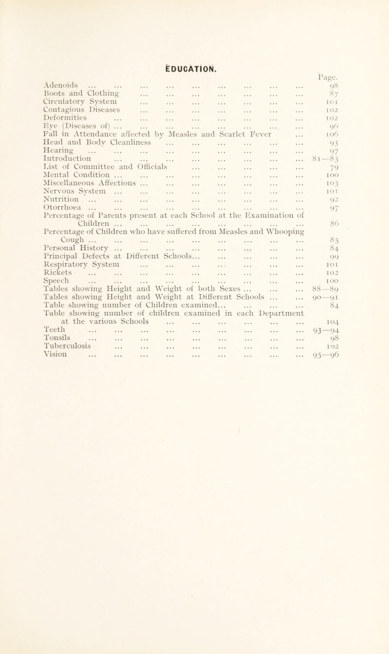 EDUCATION. Page. Adenoids ... ... ... ... ... ... ... ... ... 98 Boots and Clothing ... ... ... ... ... ... ... 87 Circulatory System ... ... ... ... ... ... ... 101 Contagious Diseases ... ... ... ... ... ... ... 102 Deformities ... ... ... ... ... ... ... ... 102 Eye (Diseases of) ... ... ... ... ... ... ... ... 96 Fall in Attendance affected by Measles and Scarlet Fever ... 106 Head and Body Cleanliness ... ... ... ... ... ... 93 Hearing ... ... ... ... ... ... ... ... ... 97 Introduction ... ... ... ... ... ... ... ... 81—83 Fist of Committee and Officials ... ... ... ... ... 79 Mental Condition ... ... ... ... ... ... ... ... 100 Miscellaneous Affections ... ... ... ... ... ... ... 103 Nervous System ... ... ... ... ... ... ... ... iot Nutrition ... ... ... ... ... ... ... ... ... 92 Otorrhoea ... ... ... ... ... ... ... ... ... 97 Percentage of Parents present at each School at the Examination of Children ... ... ... ... ... ... ... ... 86 Percentage of Children who have suffered from Measles and Whooping Cough ... ... ... ... ... ... ... ... ... 85 Personal History ... ... ... ... ... ... ... ... 84 Principal Defects at Different Schools... ... ... ... ... 99 Respiratory System ... ... ... ..- ... ... ... 101 Rickets ... ... ... ... ... ... ... ... ... 102 Speech ... ... ... ... ... ... ... ... ... 100 Tables showing Height and Weight of both Sexes ... ... ... 88—89 Tables showing Height and Weight at Different Schools ... ... 90—91 Table showing number of Children examined... ... ... ... 84 Table showing number of children examined in each Department at the various Schools ... ... ... ... ... ... 104 Teeth ... ... ... ... ... ... ... ... ... 93—94 Tonsils ... ... ... ... ... ... ... ... ... 98 Tuberculosis ... ... ... ... ... ... ... ... 102
