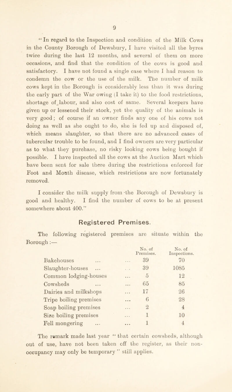 “In regard to the Inspection and condition of the Milk Cows in the County Borough of Dewsbury, I have visited all the byres twice during the last 12 months, and several of them on more occasions, and find that the condition of the cows is good and satisfactory. I have not found a single case where I had reason to condemn the cow or the use of the milk. The number of milk cows kept in the Borough is considerably less than it was during the early part of the War owing (I take it) to the food restrictions, shortage of labour, and also cost of same. Several keepers have given up or lessened their stock, yet the quality of the animals is very good ; of course if an owner finds any one of his cows not doing as well as she ought to do, she is fed up and disposed of, which means slaughter, so that there are no advanced cases of tubercular trouble to be found, and I find owners are very particular as to what they purchase, no risky looking cows being bought if possible. I have inspected all the cows at the Auction Mart which have been sent for sale there during the restrictions enforced for Foot and Mouth disease, which restrictions are now fortunately removed. I consider the milk supply from -the Borough of Dewsbury is good and healthy. I find the number of cows to be at present somewhere about 400.” Registered Premises. The following registered Borough :— Bakehouses Slaughter-houses Common lodging-houses Cowsheds Dairies and milkshops Tripe boiling premises Soap boiling premises Size boiling premises Fell mongering premises are situate within the No. of No. of Premises. Inspections. 39 70 39 1085 5 12 65 85 17 26 6 28 2 4 1 10 The remark made last year “ that certain cowsheds, although out of use, have not been taken off the register, as their non- occupancy may only be temporary ” still applies.