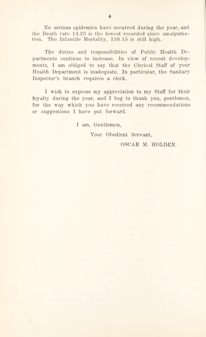 No serious epidemics have occurred during the year, and the Death rate 14.23 is the lowest recorded since amalgama- tion. The Infantile Mortality, 110.15 is still high. The duties and responsibilities of Public Health De- partments continue to increase. In view of recent develop- ments, I am obliged to say that the Clerical Staff of your Health Department is inadequate. In particular, the Sanitary Inspector’s branch requires a clerk. I wish to express my appreciation to my Staff for their loyalty during the year, and I beg to thank you, gentlemen, for the way which you have received any recommendations or suggestions I have put forward. I am, Gentlemen, Your Obedient Servant, OSCAR M. HOLDEN.