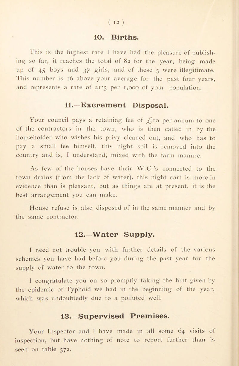 10.—Bipths. This is the higiiest rate 1 have had the pleasure of publish- ing- so far, it reaches the total of 82 for the year, being made up of 45 boys and 37 girls, and of these 5 were illegitimate. This number is 16 above your average for the past four years, and represents a rate of 21*5 per 1,000 of your population. 11.—Exepement Disposal. Your council pays a retaining fee of ;6To per annum to one of the contractors in the town, who is then called in by the householder who wishes his privy cleaned out, and who has to pay a small fee himself, this night soil is removed into the country and is, I understand, mixed with the farm manure. As few of the houses have their W.C.’s connected to the town drains (from the lack of water), this night cart is more in evidence than is pleasant, but as things are at present, it is the best arrangement you can make. House refuse is also disposed of in the same manner and b}^ the same contractor. 12.—Watep Supply. I need not trouble you with further details of the various schemes you have had before you during the past year for the supply of water to the town. I congratulate you on so promptly taking* the hint g*iven by the epidemic of Typhoid we had in the beginning of the year, which was undoubtedly due to a polluted well. 13.—Supepvised Ppemises. Your Inspector and I have made in all some 64 visits of inspection, but have nothing of note to report further than is seen on table 572.