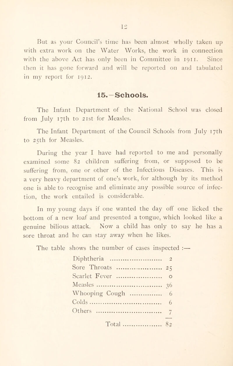 But as your Council’s time has been almost wholly taken up with extra work on the Water Works, the work in connection with the above Act has only been in Committee in 1911. Since then it has gone forward and will be reported on and tabulated in my report for 1912. 15. —Schools. The Infant Department of the National School was closed from July 17th to 21st for Measles. The Infant Department of the Council Schools from July 17th to 25th for Measles. During the year I have had reported to me and personally examined some 82 children suffering from, or supposed to be suffering from, one or other of the Infectious Diseases. This is a very heavy department of one’s work, for although by its method one is able to recognise and eliminate any possible source of infec- tion, the work entailed is considerable. In my young days if one wanted the day off one licked the bottom of a new loaf and presented a tongue, which looked like a genuine bilious attack. Now a child has only to say he has a sore throat and he can stay away when he likes. The table shows the number of cases inspected :—- Diphtheria 2 Sore Throats 25 Scarlet Fever o Measles 36 Whooping Cough 6 Colds 6 Others 7 Total 82