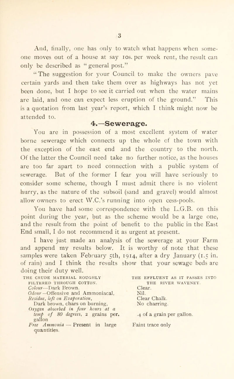 And, finally, one has only to watch what happens when some- one moves out of a house at say ios. per week rent, the result can only be described as “ general post.” “ The suggestion for your Council to make the owners pave certain yards and then take them over as highways has not yet been done, but I hope to see it carried out when the water mains are laid, and one can expect less eruption of the ground.” This is a quotation from last year’s report, which I think might now be attended to. 4.—Sewerage. You are in possession of a most excellent system of water borne sewerage which connects up the whole cf the town with the exception of the east end and the country to the north. Of the latter the Council need take no further notice, as the houses are too far apart to need connection with a public system of sewerage. But of the former I fear you will have seriously to consider some scheme, though I must admit there is no violent hurry, as the nature of the subsoil (sand and gravel) would almost allow owners to erect W.C.’s running into open cess-pools. You have had some correspondence with the L.G.B. on this point during the year, but as the scheme would be a large one, and the result from the point of benefit to the public in the East End small, I do not recommend it as urgent at present. I have just made an analysis of the sewerage at your Farm and append my results below. It is worthy of note that these samples were taken February 5th, 1914, after a dry January (1.5 in. of rain) and I think the results show that your sewage beds are doing their duty well. THE CRUDE MATERIAL ROUGHLY FILTERED THROUGH COTTON. Colour—Dark Brown. Odour —Offensive and Ammoniacal, Residue, left on Evaporation, Dark brown, chars on burning, Oxygen absorbed in four hours at a temp of 80 degrees, 2 grains per. gallon Free Ammonia — Present in large quantities. THE EFFLUENT AS IT PASSES INTO THE RIVER WAVENEY. Clear. Nil. Clear Chalk. No charring. .4 of a grain per gallon. Faint trace only