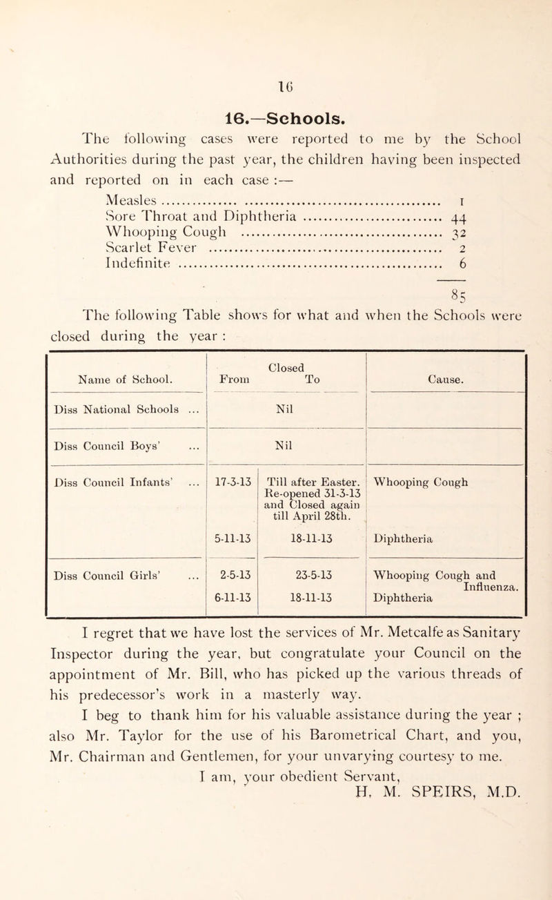 16.—Schools. The following cases were reported to me by the School Authorities during the past year, the children having been inspected and reported on in each case :— Measles i Sore Throat and Diphtheria 44 Whooping Cough 32 Scarlet Fever 2 Indefinite 6 85 The following Table shows for what and when the Schools were closed during the year : Name of School. From Closed To Cause. Diss National Schools ... Nil Diss Council Boys’ Nil Diss Council Infants’ 17-3-13 Till after Easter. Re-opened 31-3-13 and Closed again till April 28tli. Whooping Cough 5-11-13 18-11-13 Diphtheria Diss Council Girls’ 2-5-13 6-11-13 23-5-13 18-11-13 Whooping Cough and Influenza. Diphtheria I regret that we have lost the services of Mr. Metcalfe as Sanitary Inspector during the year, but congratulate your Council on the appointment of Mr. Bill, who has picked up the various threads of his predecessor’s work in a masterly way. I beg to thank him for his valuable assistance during the year ; also Mr. Taylor for the use of his Barometrical Chart, and you, Mr. Chairman and Gentlemen, for your unvarying courtesy to me. I am, your obedient Servant, Ht M. SPEIRS, M.D.