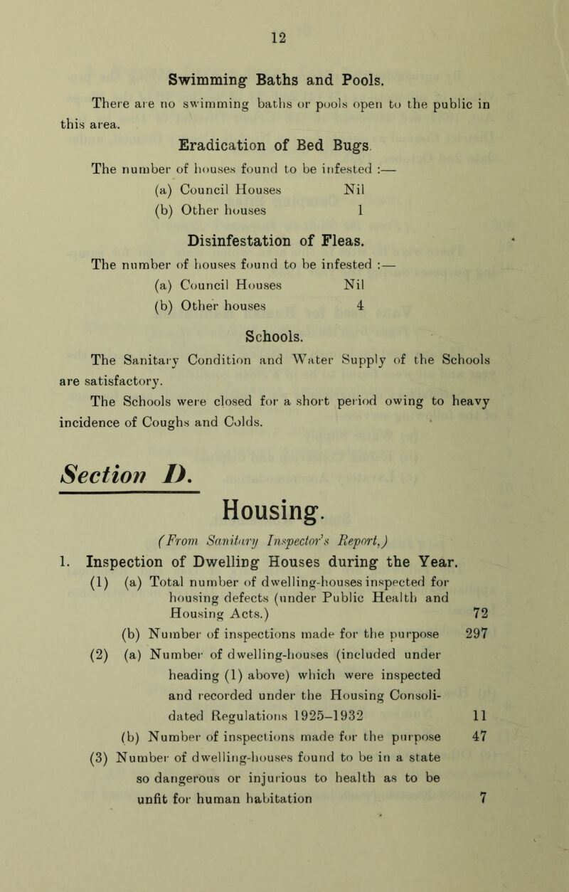 Swimming- Baths and Pools. There are no swimming baths or pools open to the public in this area. Eradication of Bed Bugs. The number of houses found to be infested :— (a) Council Houses Nil (b) Other houses 1 Disinfestation of Fleas. The number of houses found to be infested : — (a) Council Houses Nil (b) Other houses 4 Schools. The Sanitaiy Condition and Water Supply of the Schools are satisfactory. The Schools were closed for a short period owing to heavy incidence of Coughs and Colds. Section I). Housing. (From Sanitiiry Impector’s Report,) 1. Inspection of Dwelling Houses during the Year. (1) (a) Total number of dwelling-houses inspected for housing defects (under Public Health and Housing Acts.) 72 (b) Numbe!’ of inspections made for the purpose 297 (2) (a) Number of dwelling-houses (included under- heading (1) above) which were inspected and recorded under the Housing Consoli- dated Regulations 1925-1932 11 (b) Number of inspections made for the purpose 47 (3) Number- of dwelling-houses found to be in a state so dangerous or injurious to health as to be unfit for human habitation 7