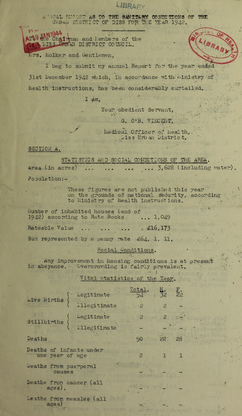 L AS 70 THE SANITA-RY C0NDTTT0M3 OE 'THE [LnBHU DISTRICT OF DIS3 FO^' YEAR.1942.- laii and Henbe?r's of the DISTRICT COUNCIL. ^-rSt Holker and. G-entleinen, I beg to submit ny annual Report for the year,-enfif^d' 31st December 1942 whlchj in accordance witii-’i-'-inistry’-'of health Ihstructions, has been considerably curtailed. . Your-obedient Servant, 'f' . •, G. O'B. VllJCEh-TV.'^^bv V 'S Medical Off.icer of health,,,' ;Dlss Urb .an Districb,- ■ SECTION A. ' . . 'V'-;' STATISTICS AND SOCIAL CONDITIONS OF IRE AREA. Area - (■ in acres) ., „ • ... 3> 628 ( including water) . Pooulotion;-^_- ' ' I These ffigures are not published this year on the grounds of national .s’edurity, according to Ministry of Health instructions. Number of Inhabited houses (end of , ^ 1942) according to Rate'.Books ... 1,049 Rateable Value ... ...... ..... . £16,173 Sum represented by a.‘ penny rate £64. 1. 11. . --- Social Conditions. ’ Any Improvement in housing Condi-tions is at preseiii- in abeyance.- Overcrovfdlng is fairly' prevalent. ' . '4 Vital btatlstics of the Yea3?. , • . Total. H/'l. ( • Legitimate- 32 22 nive Births | Illegitimate . '2 2 - ( Legitimate . 2 2 - 1- ^ mL' ‘ ‘ Stillbirths ( ■ ( Illegltlma te - - i Deaths 30 22' 28 Deaths of infants under one year of age 2 1 1 • Deaths from puerperal causes . - - - Deaths from cancer (all . f ages). - ■ _ _ Deaths from measles (all ages) . -p