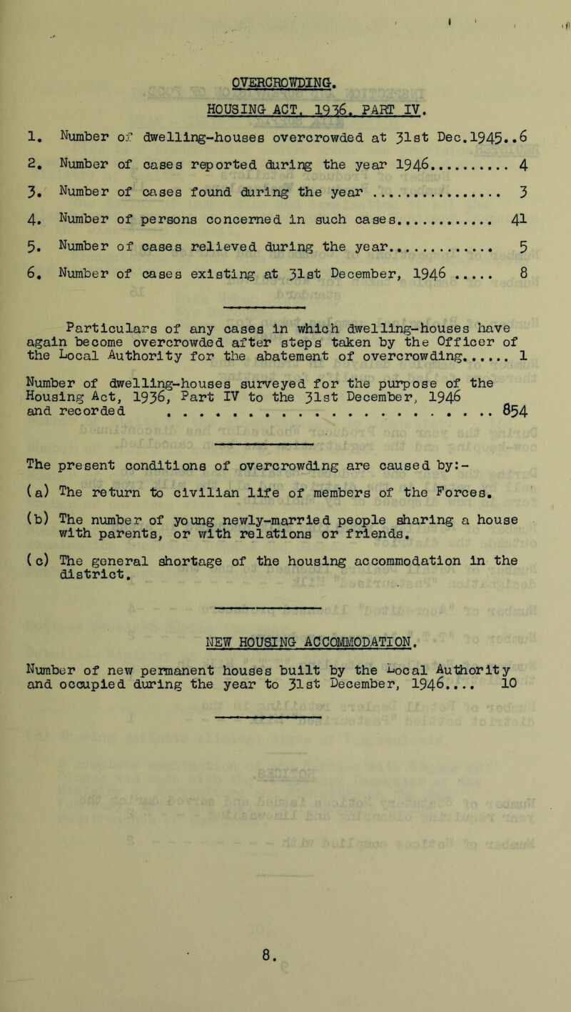 II 111! OVERCROWDING. HOUSING ACT. 19'56. PART IV. 1, Number of dwelling-houses overcrowded at 31st Dec,1945»»^ 2, Number of oases reported during the year 194^ 4 3* Number of cases found during the year 3 4. Number of persona concerned in such cases., 41 5. Number of cases relieved during the year.. 5 6. Number of cases existing at 31st December, 194^ 8 Particulars of any cases in which dwelling-houses have again become overcrowded after steps taken by the Officer of the Local Authority for the abatement of overcrowding,..... 1 Number of dwelling-houses surveyed for the purpose of the Housing Act, 193^, Part IV to the 31st December, 194^ and recorded , . . . 854 The present conditions of overcrowding are caused by:- (a) The return to civilian life of members of the Forces, (b) The number of young nev/ly-marrled people sharing a house with parents, or with relations or friends, (c) The general shortage of the housing accommodation in the district. NEW HOUSING ACCOMMODATION. Number of new permanent houses built by the Local Authority and occupied during the year to 31st December, 1948.,.. 10