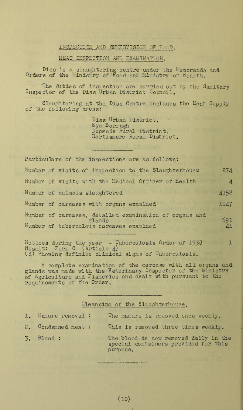 INSPECTION AND SUPERVISION OF P:QD„ MEAT INSPECTION AND EXAMINATION, Diss is a slaughtering centre under the Memoranda and Orders of the Ministry of 'Food and Ministry of Health, The duties of inspection are carried out by the Sanitary Inspector of the Diss Urban District Council0 Slaughtering at the Diss Centre includes the Meat Supply of the following areas: Diss Urban District. Eye Borough Depwade Rural District. Hartismere Rural District, Particula Number of Number of Number of Number of Number of Number of rs of the inspections are as follows: visits of inspection to the Slaughterhouse visits with the Medical Officer of Health animals slaughtered carcases with organs examined carcases, detailed examination of organs and glands tuberculous carcases examined. 274 4 4152 1147 691 41 Notices doming the year - Tuberculosis Order of 1933 1 Result: Form C (Article 4) ( d) Showing definite clinical signs of Tuberculosis, A complete examination of the carcase with all organs and glands was made with the Veterinary Inspector of the Ministry of Agriculture and Fisheries and dealt with pursuant to the requirements of the Order. Cleansing of the Slaughterhouse 1. Manure removal : 2. Cond.emned meat : 3. Blood : The manure is removed once weekly. This is removed three times weekly. The blood is now removed daily in the special containers provided for this purpose.