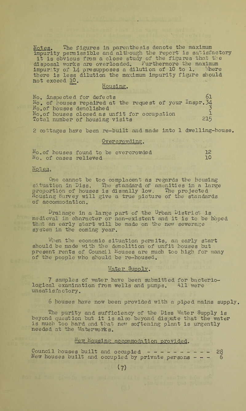 Notes. The f-igures in parenthesis denote , the maximum Impurity perralsslhle and altl.iough the report' is satisfactory it is obvious from a close study of the figures that tne disposal works are overloaded. Furthermore the maximum impurity of I4 presupposes a dilution of 10 to 1. ''ih.ere there is less dilution the maximum impurity figure should not exceed 10. Housing. No. inspected for defects 6l No, of houses repaired at the request of your lnspr.34 NooOf houses demolished 3 No,of houses closed as unfit for occupation ^ 1 Total number of housing visits FI5 cottages have been re-built and made into 1 dwelling-house. Overcrowding. No,of houses found to be overcrowded No, of cases relieved Not es, One cannot be too complacent as regards the housing situation in hiss. The standard of amenities in a large proportion of houses is dismally low. The projected Housing Survey will give a true picture of the standards of accommodation. Nrainage in a lar^e part of the Urban histrlct is medieval in character or non-existent and it is to be hoped that an early start will be made on the new sewerage system in the coming year. v'Uien the economic situation permits, an early start should be made with the demolition of unfit houses but present rents of Council Houses are much too high for many of the people who should be re-housed, V/ater Supply. 7 samples of water have been submitted for bacterio- logical examination from wells and pumps. ^1^11 were unsatisfactory. 12 10 6 houses have novj been provided with a piped mains supply. The purity and sufficiency of the Dies Water Supply is beyond question but it is also beyond dispute that the water is much too hard and that new soh^^ening plant is urgently needed at the Waterworks, New Housing accommodation provided. Council houses built and occupied - -- -- -- -- - New houses built and occupied by private persons - - - (7) 28 6