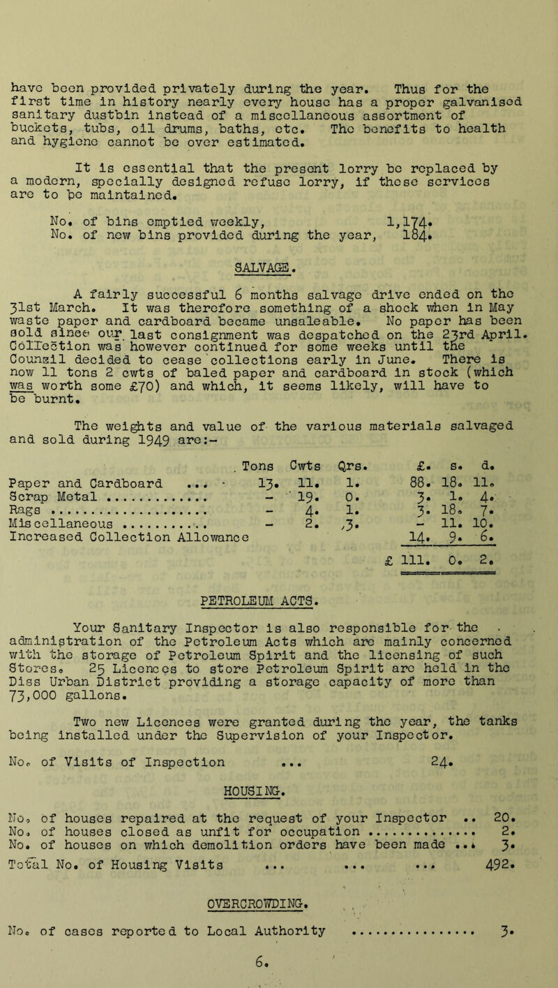 have been provided privately during the year. Thus for the first time In history nearly every house has a proper galvanised sanitary dustbin instead of a miscellaneous assortment of buckets, tubs, oil drums, baths, etc. The benefits to health and hygiene cannot bo over estimated. It is essential that the present lorry be replaced by a modern, specially designed refuse lorry, if those services are to bo maintained. No. of bins emptied v/eekly, 1,174* No. of now bins provided during the year, lo4* SALVAGE. A fairly successful 6 months salvage drive ended on the 31st March. it was therefore something of a shock when in May waste ^aper and cardboard became unsaleable. No paper has been sold since our last consignment was despatched on the 23rd April. ColXection was however continued for some weeks until the Counsll decided to cease'collections early in June. There is now 11 tons 2 cwts of baled paper and cardboard in stock (which was worth some £70) and which, it seems likely, will have to be burnt. The wei^ts and value of the various materials salvaged and sold during 1949 are:- Tons Cwts Qrs. £. s. d. Paper and Cardboard ... - 13* 11. 1. 88. 18. 11. Scrap Metal ■ 19. 0. 3- 1, 4- Rags — 4. 1. 3- 18. 7- Miscellaneous — 2. .3* 11. 10. Increased Collection Allowanc e 14. 9. 6. £ 111. 0« 2. PETROLEUM ACTS. Your Sanitary Inspector is also responsible for- the administration of the Petroleum Acts which are mainly concerned with the storage of Petroleum Spirit and the licensing of such Stores. 25 Licences to store Petroleum Spirit are held in the Diss Urban District providing a storage capacity of more than 73,000 gallons. Two new Licences were granted during the year, the tanks being installed under the Supervision of your Inspector. No. of Visits of Inspection ... 24. HOUSING. No, of houses repaired at the request of your Inspector .. 20. No. of houses closed as unfit for occupation 2. No. of houses on which demolition orders have been made ..i 3* Total No. of Housing Visits ... ... ... 492. OVERCROWDING. Noc of cases reported to Local Authority 3*